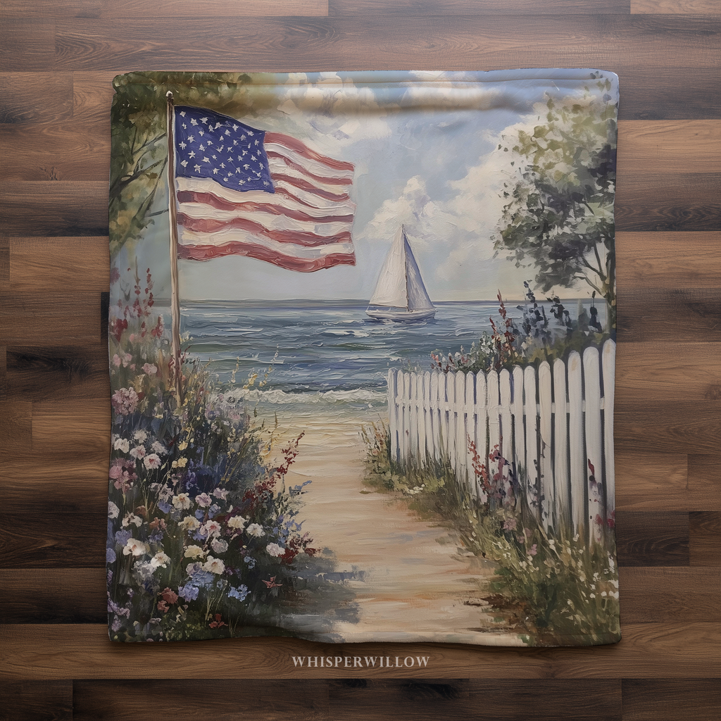 Patriotic American Flag Throw Blanket - Coastal Beach Sailboat Floral Gift