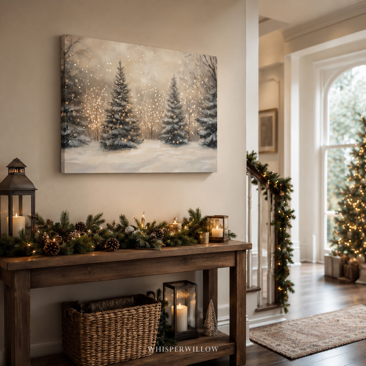 Christmas Tree Lights Canvas Wall Art - Enchanting Snowy Winter Forest Magical Woodland