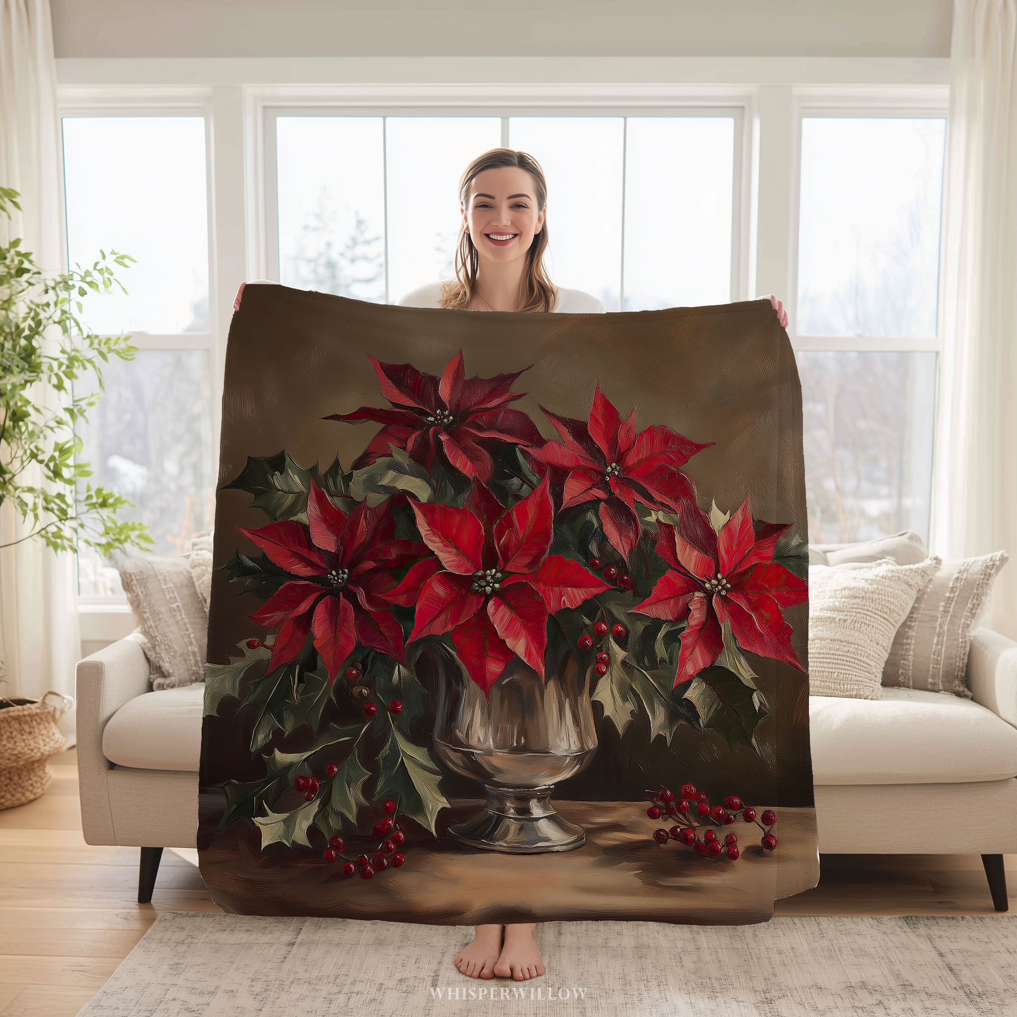 Christmas Poinsettia Throw Blanket - Red Floral Holly by WhisperWillow Studios Home Decor Gift