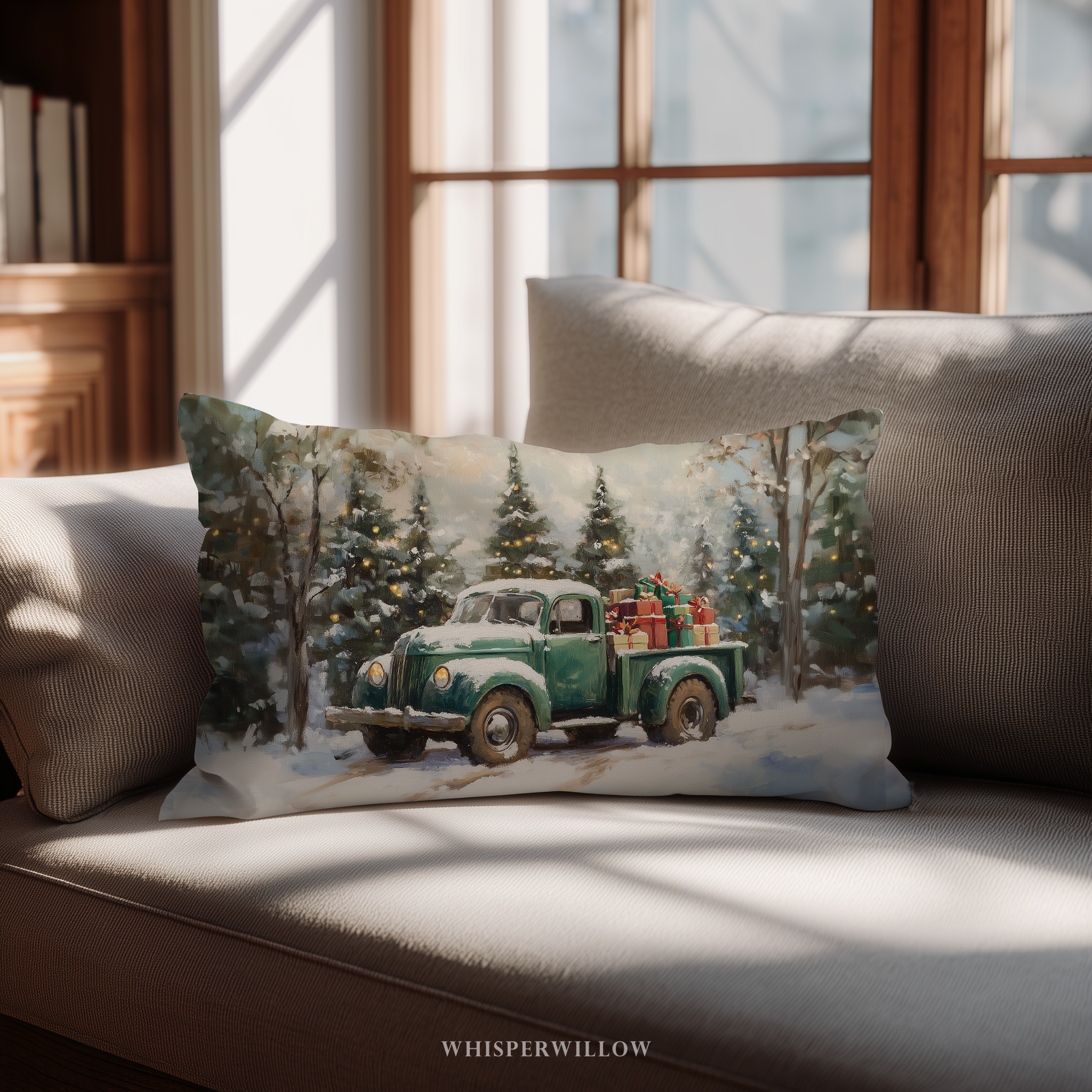 Vintage-Weihnachts-LKW-Zierkissen – Kissen mit verschneitem Waldmotiv