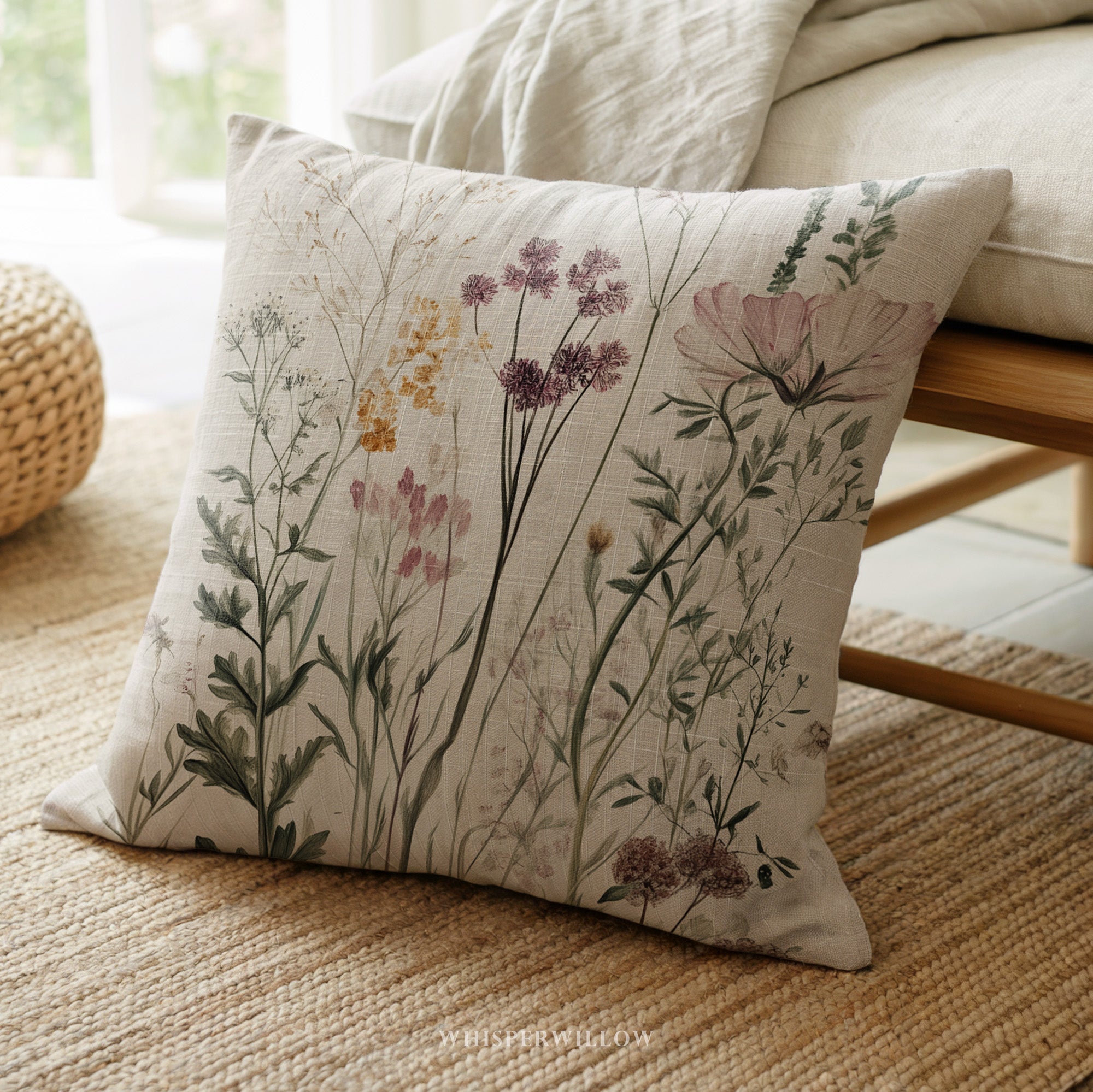 Wildflower Botanical Throw Pillow | Vintage Meadow Flowers Cottagecore Garden Floral Neutral Nature Decor Cushion Square Gift Home Decor by WhisperWillow Studios