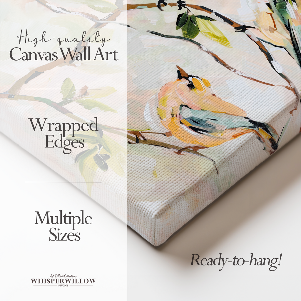 Leinwandbild „Pastellfarbene Singvögel“ – Neutrale botanische Zweige, Frühlingshaus, Natur-Tier-Vogel-Dekoration