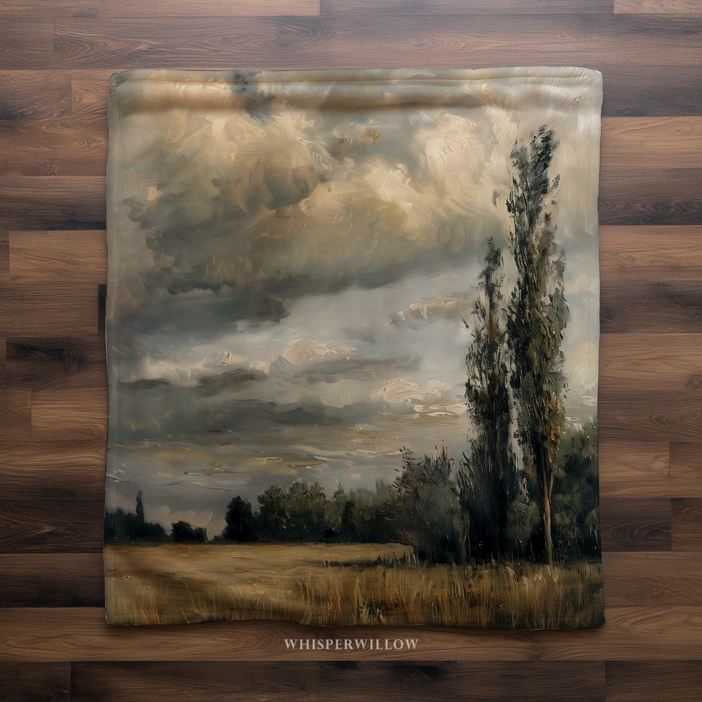 Moody Landscape Throw Blanket - Stormy Sky Meadow Tall Tree Gift