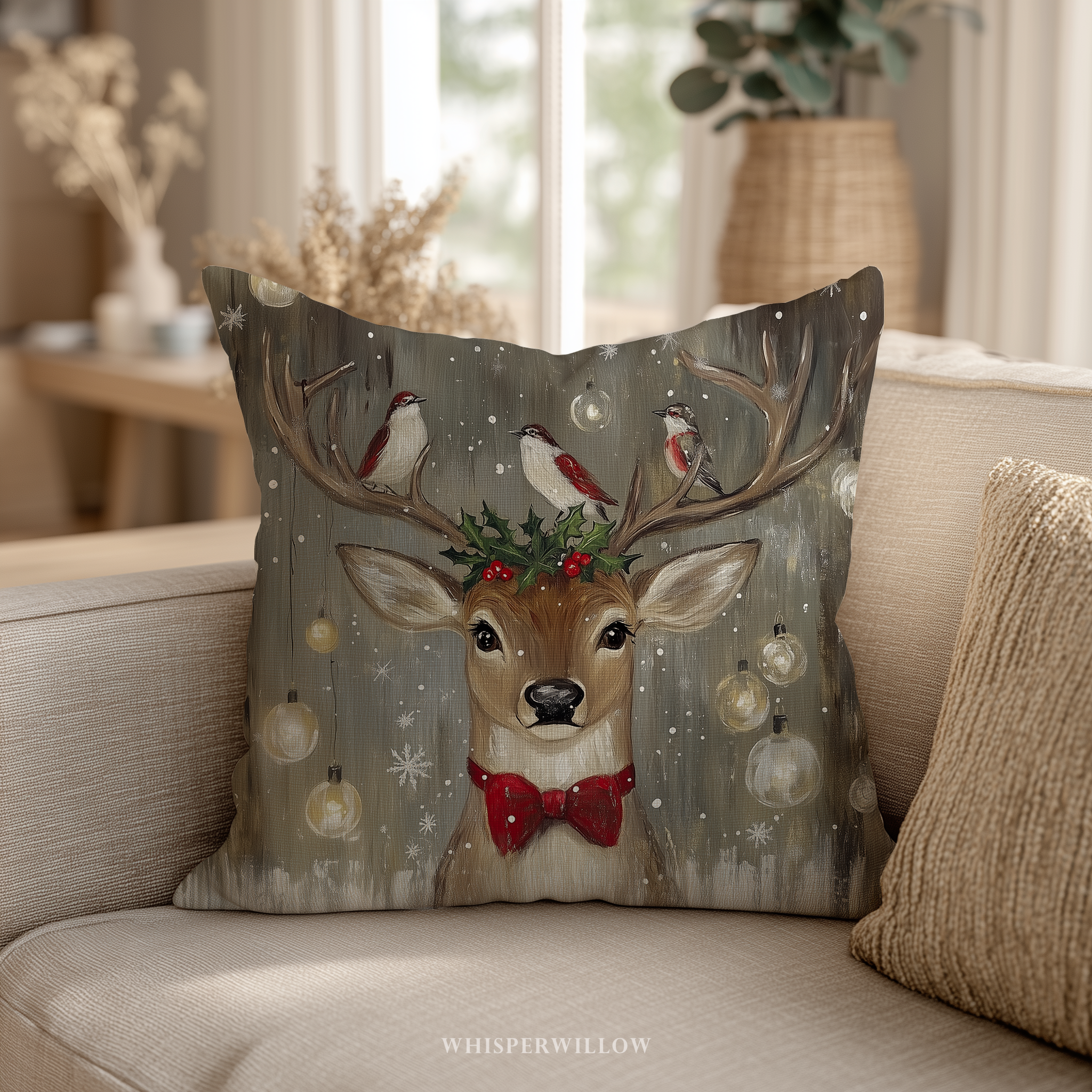Weihnachtskissen mit Rentiermotiv – Festliches Kissen mit Vögeln und Stechpalme