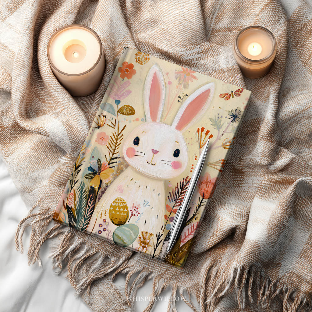 Whimsical Easter Bunny Hardcover Journal, Floral Meadow Spring Eggs Design, Cute Pastel Stationery Gift, 8x5.75 Lined Pages Gift
