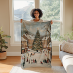Snowy Village Christmas Throw Blanket - Winter Tree Ice Skating by WhisperWillow Studios Home Decor Gift