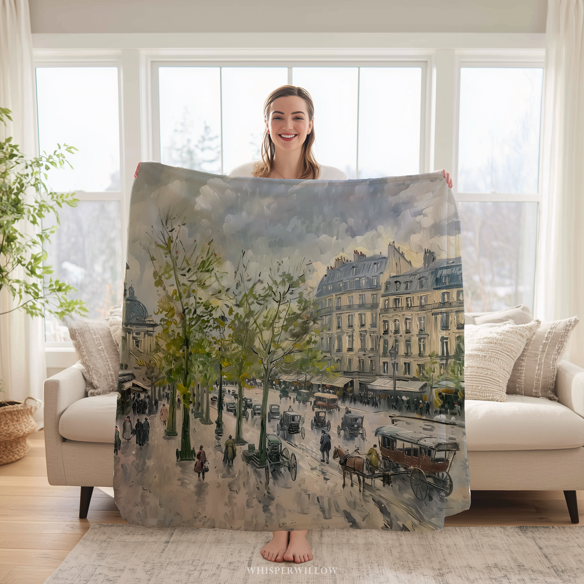 Paris Street Throw Blanket - Rainy European Boulevard Horse Carriage by WhisperWillow Studios Home Decor Gift
