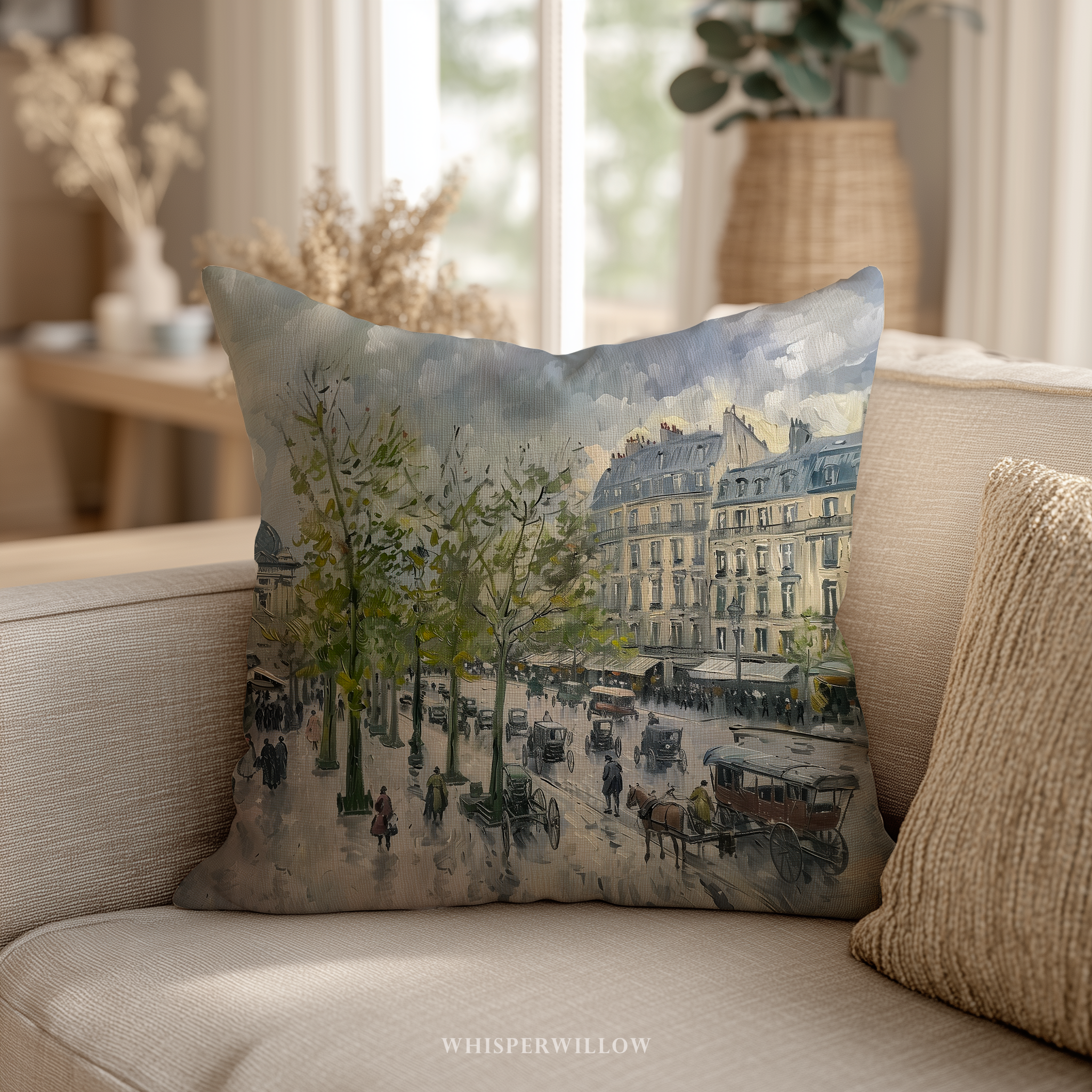 Dekokissen „Paris Boulevard“ – Regenszene mit Pferdekutsche