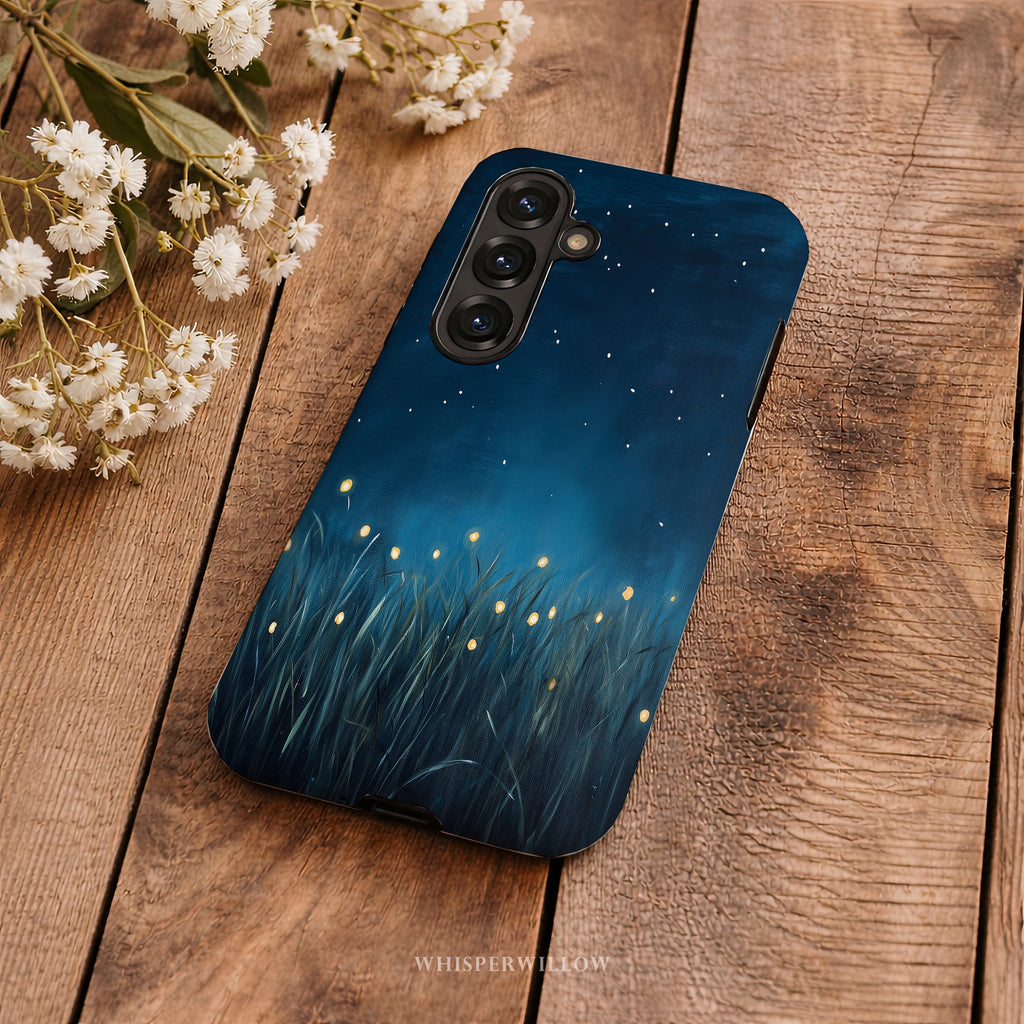 Firefly Night Sky Phone Case | Compatible with Samsung | Dual Layer Protective Cover | Dark Blue Nature Stars Lightning Bugs