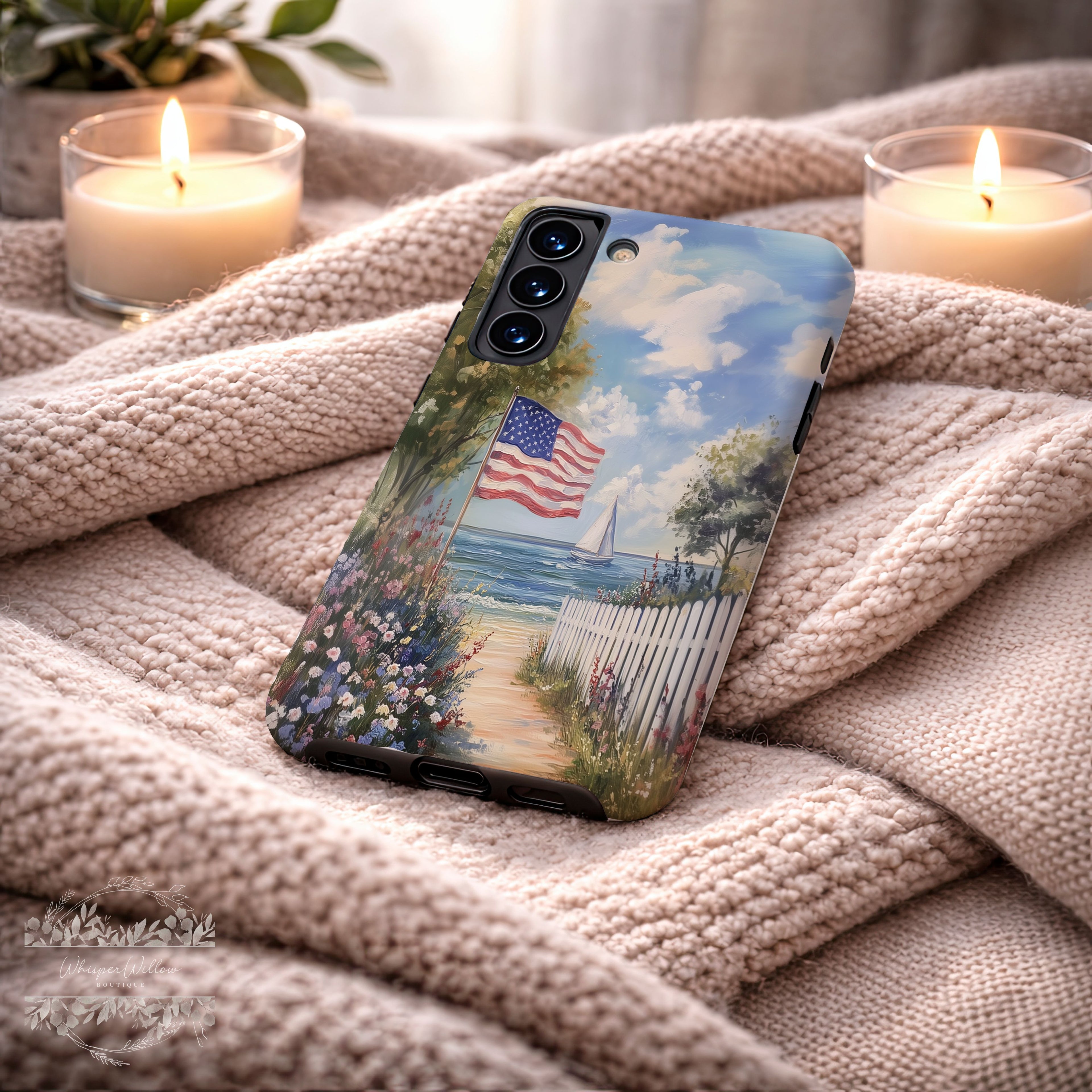 Coastal Aesthetic Phone Case Compatible with Samsung | American Flag Beach Art | Patriotic Ocean Landscape | Wildflower Path Design