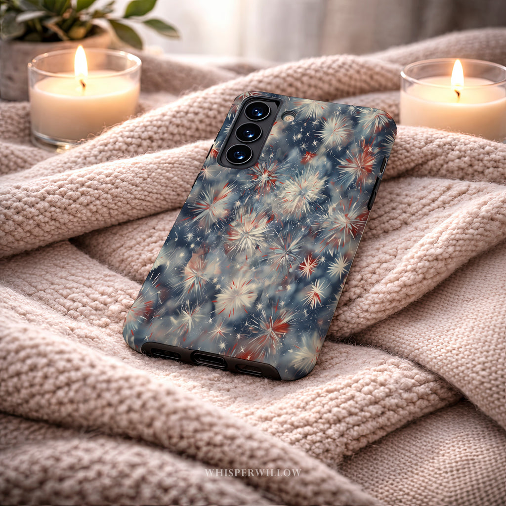 Abstract Fireworks Phone Case | Compatible with Samsung | Patriotic Red White Blue Starburst Cover