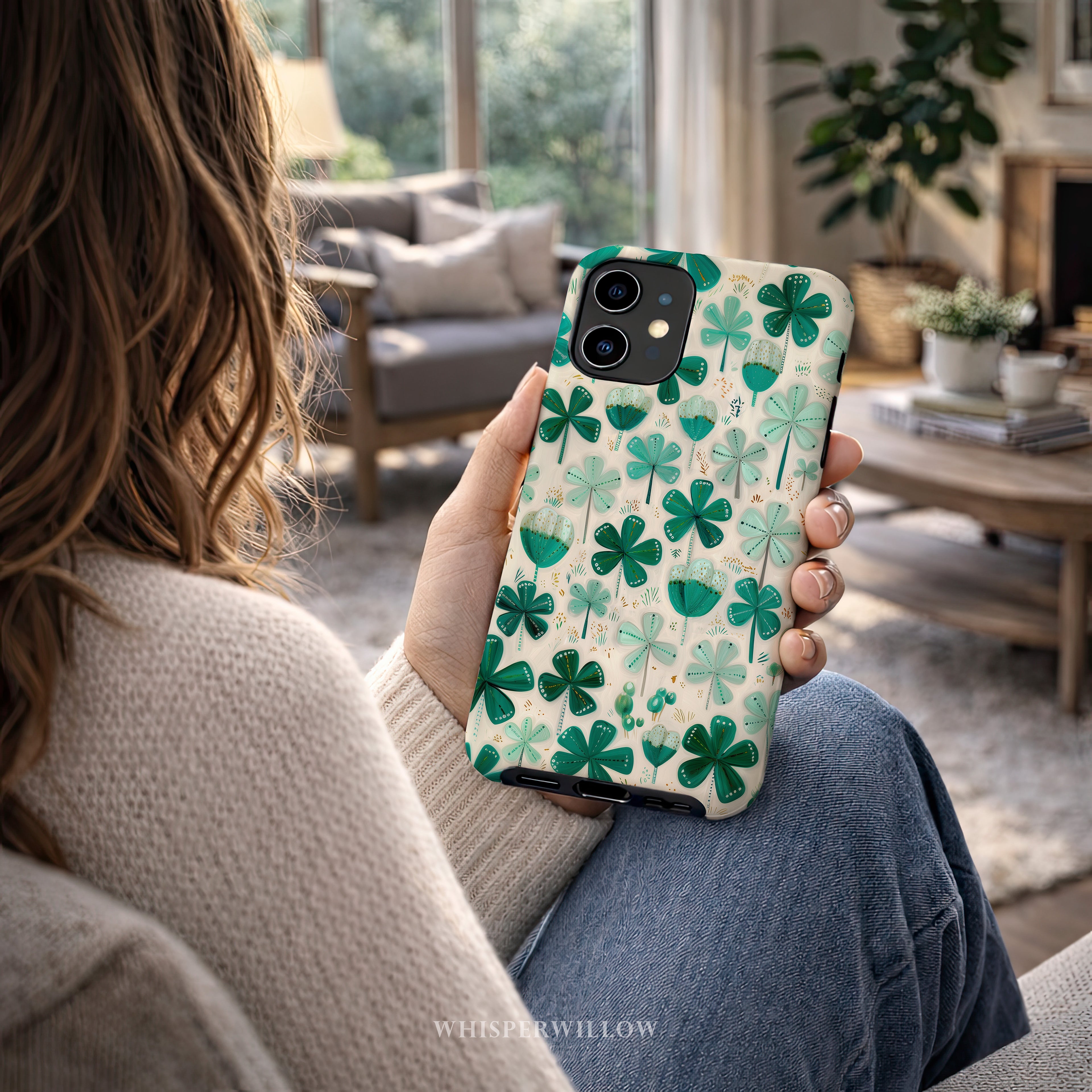 Teal Shamrock Dual Layer Phone Case | Compatible with iPhone  | Lucky Four Leaf Clover Cover