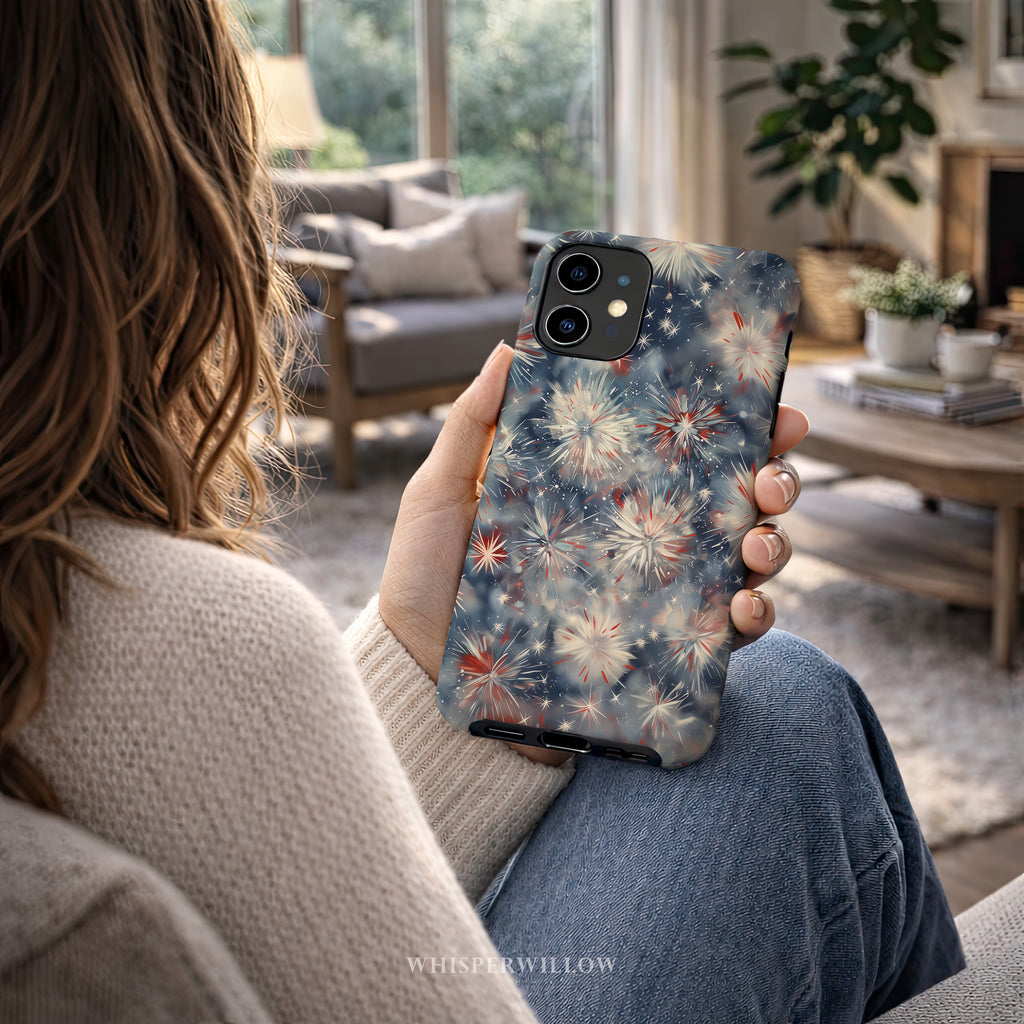 Abstract Fireworks Phone Case | Compatible with iPhone | Patriotic Red White Blue Starburst Cover