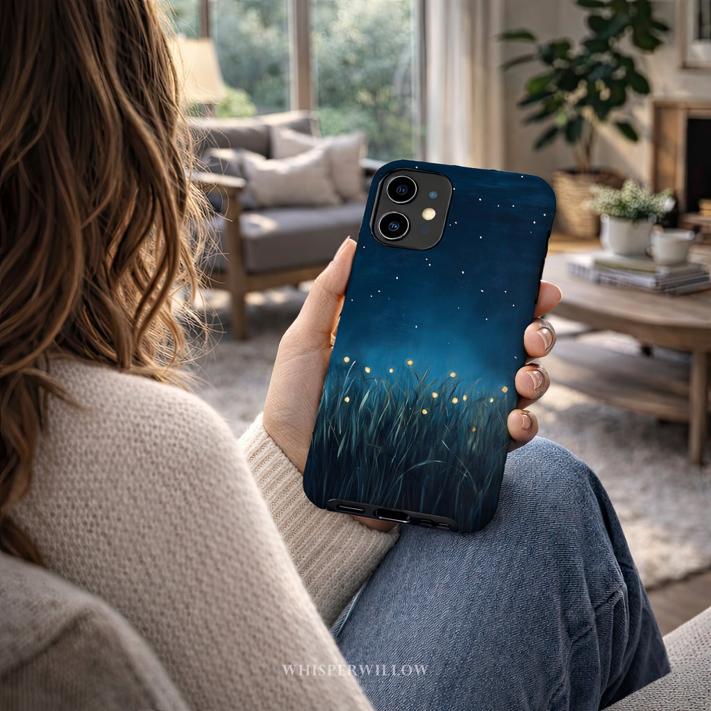 Firefly Night Sky Phone Case | Compatible with iPhone | Dual Layer Protective Cover | Dark Blue Nature Stars Lightning Bugs