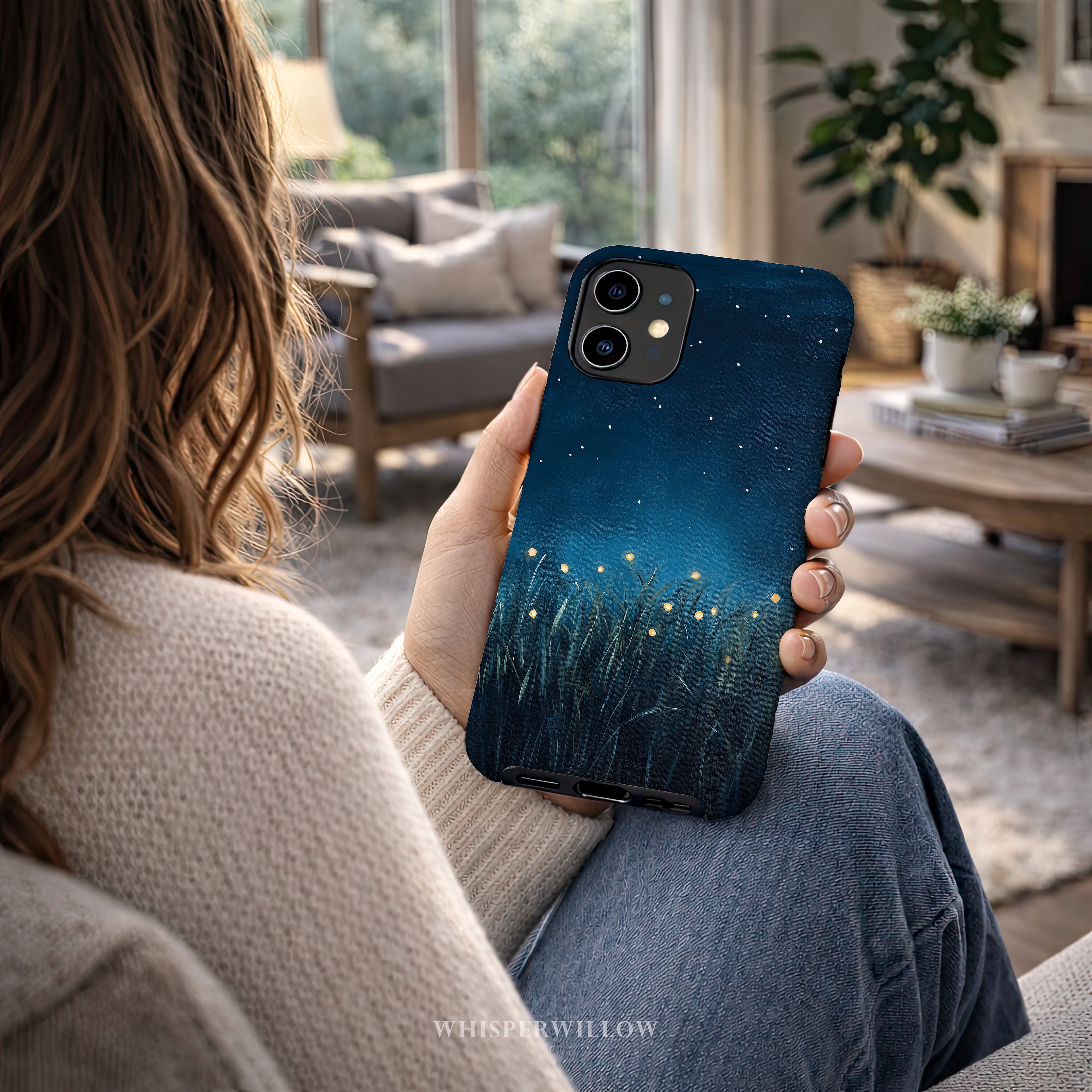Firefly Night Sky Phone Case | Compatible with iPhone | Dual Layer Protective Cover | Dark Blue Nature Stars Lightning Bugs