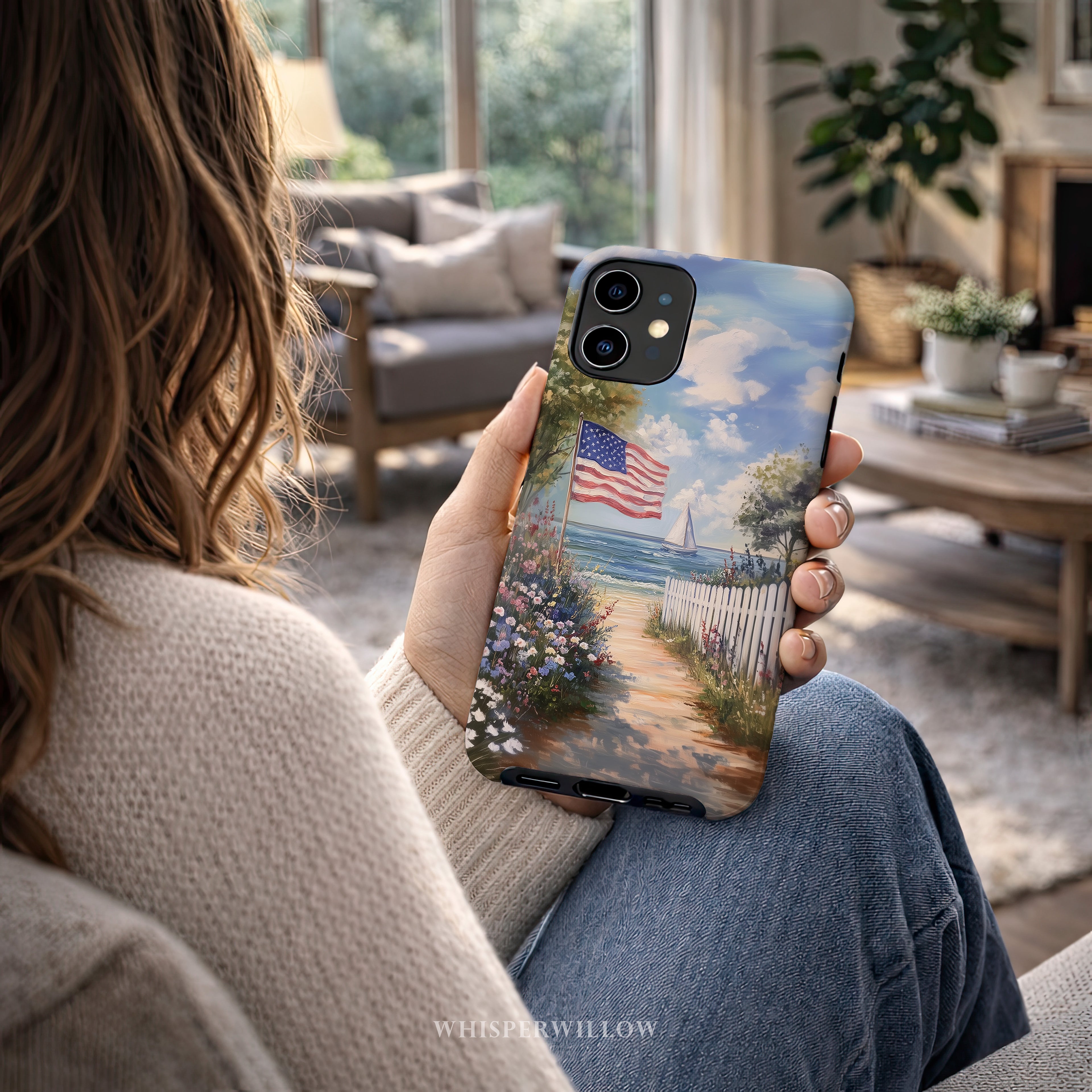Coastal Art Phone Case | Compatible with iPhone Models | USA Flag Beach Sailboat Ocean Colorful Aesthetic