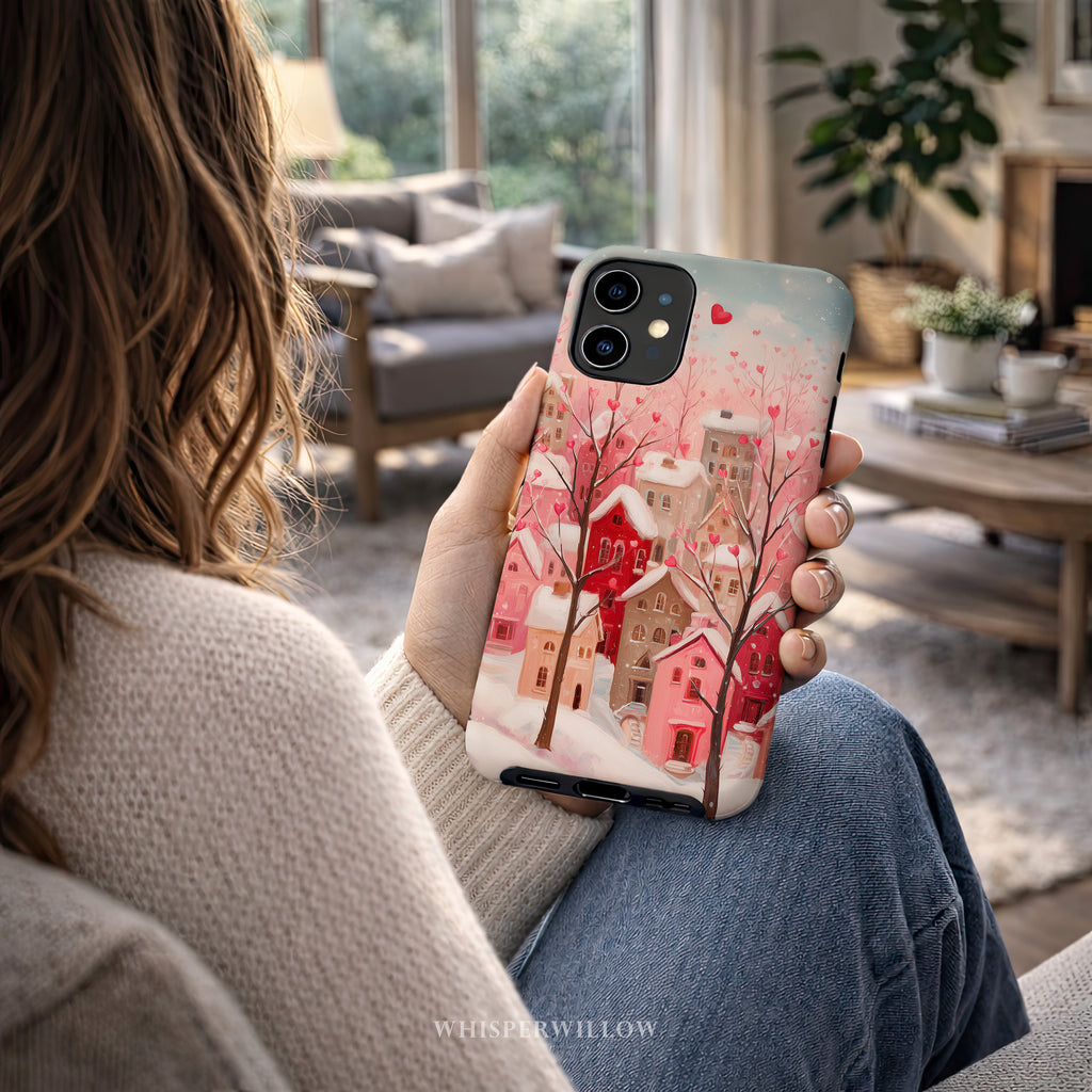 Romantic Winter Village Aesthetic Phone Case – Compatible with iPhone Models | Snowy Pink Heart Art