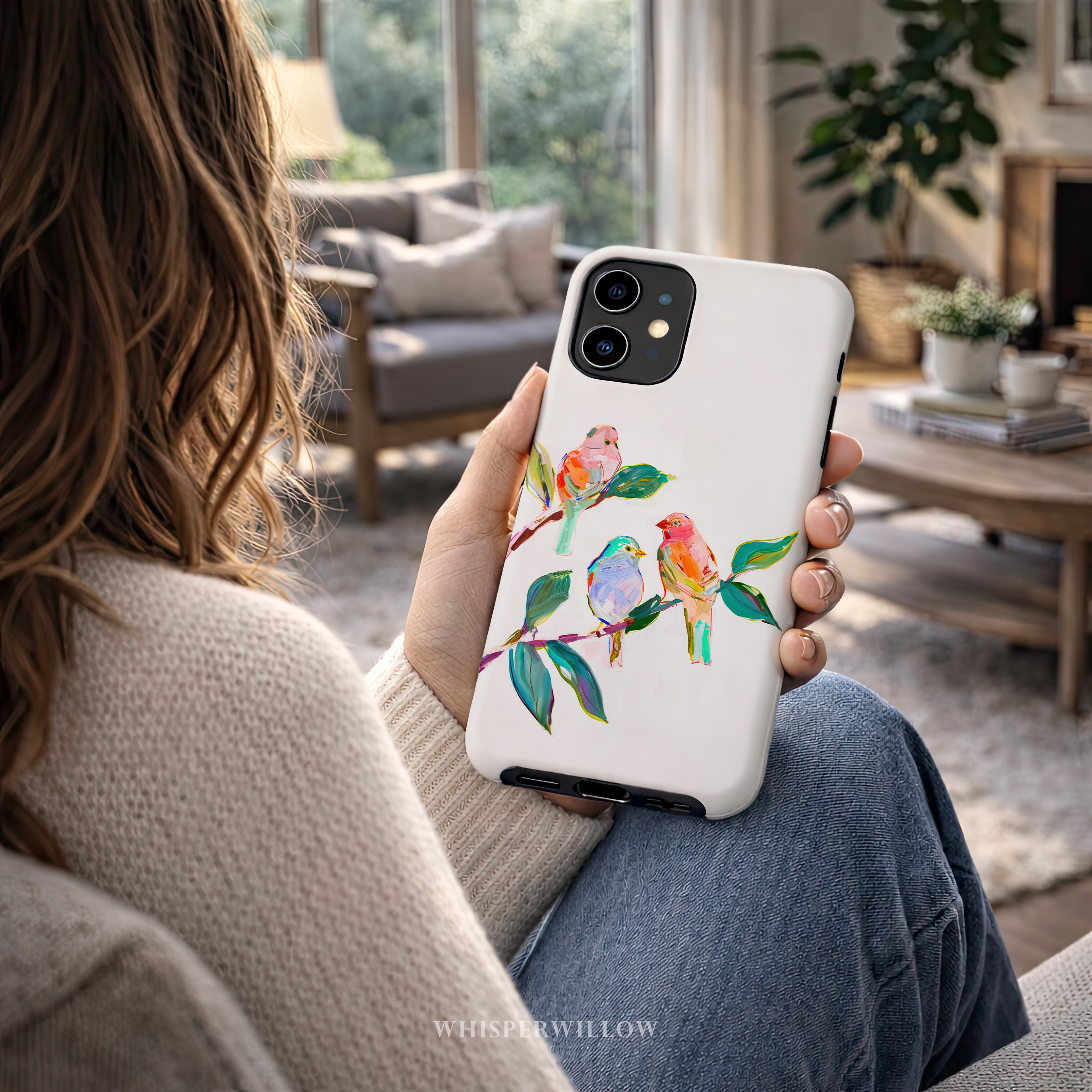 Colorful Bird Art Phone Case Compatible with iPhone | Songbird Branch Design | Cute Aesthetic Nature | Joyful Bird Lover Gift