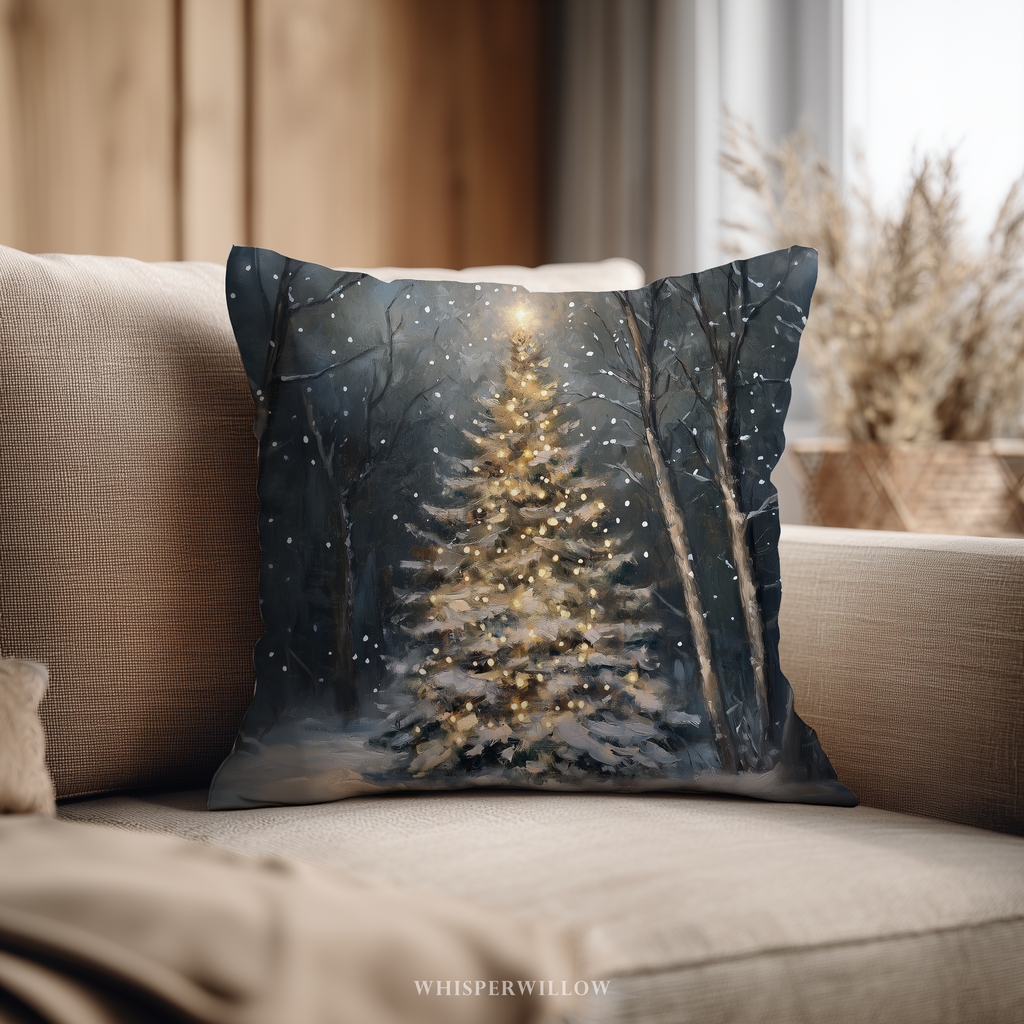 Magical Christmas Tree in Forest with Lights Throw Pillow by WhisperWillow Studios Home Decor Gift