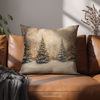 Christmas Winter Forest Throw Pillow | Snow-Covered Trees with Golden Lights | Holiday Decor Gift Cushion