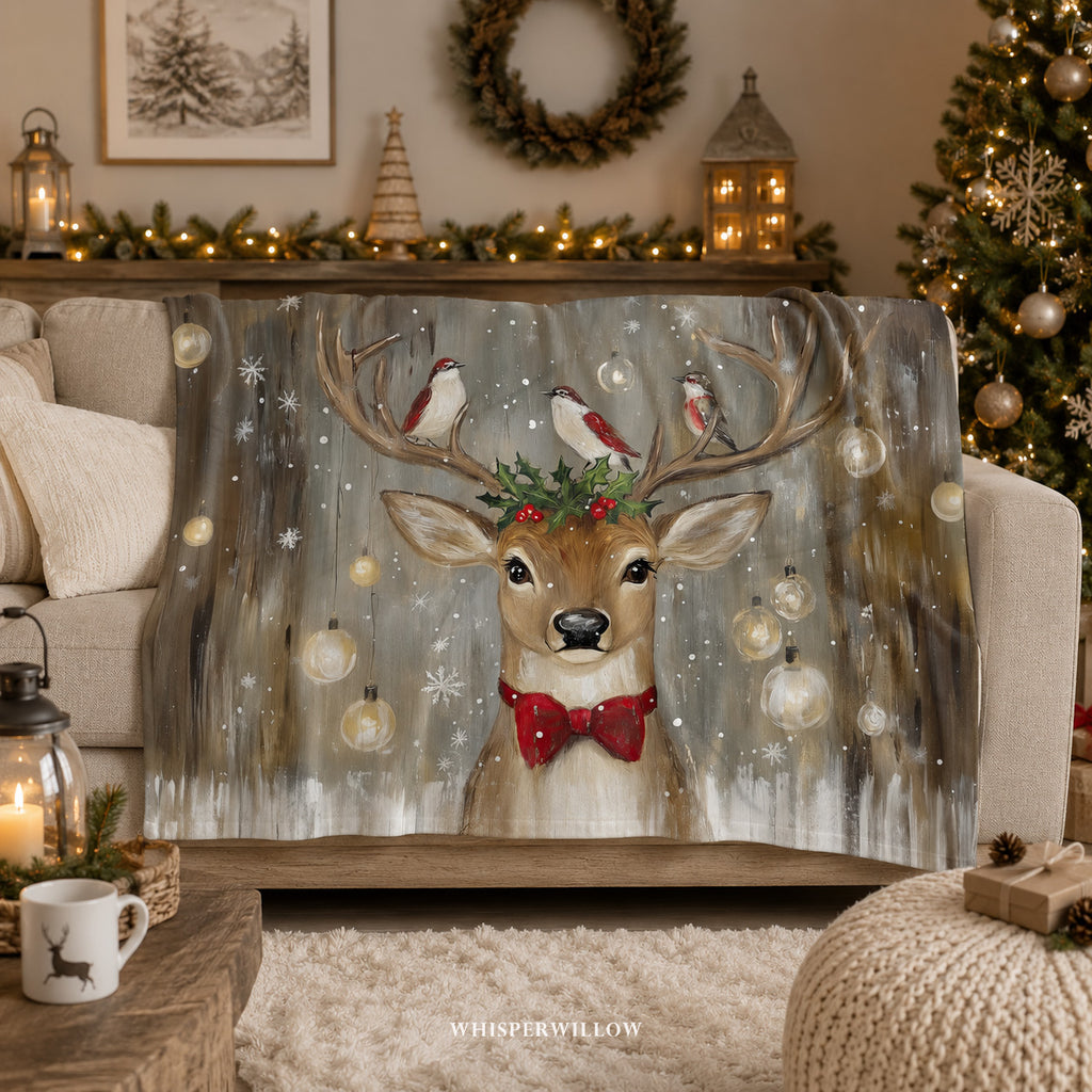 Christmas Deer Throw Blanket - Winter Holiday Reindeer Snow Gift