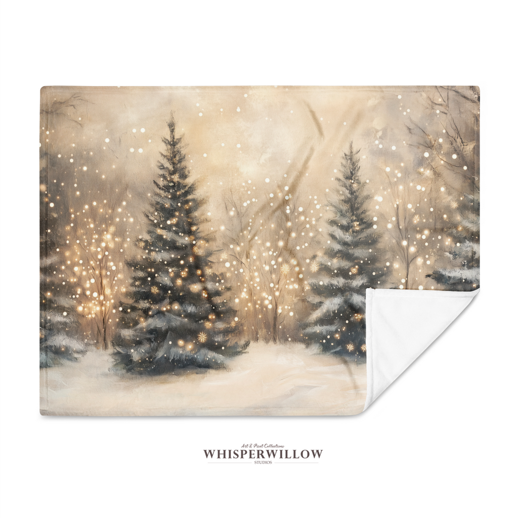 Winter Forest Throw Blanket - Snowy Trees Golden Lights Gift