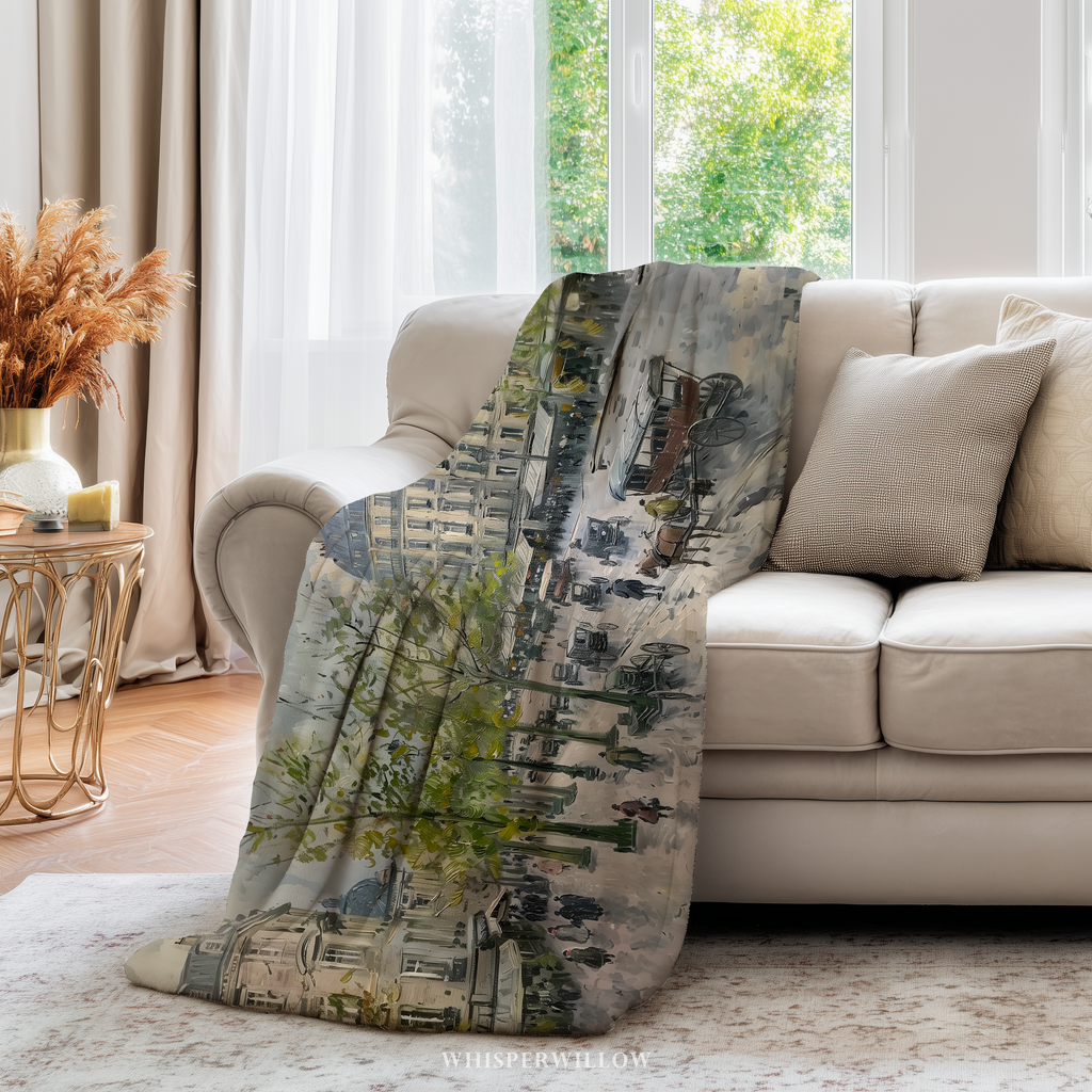 Paris Street Throw Blanket - Rainy European Boulevard Horse Carriage Gift