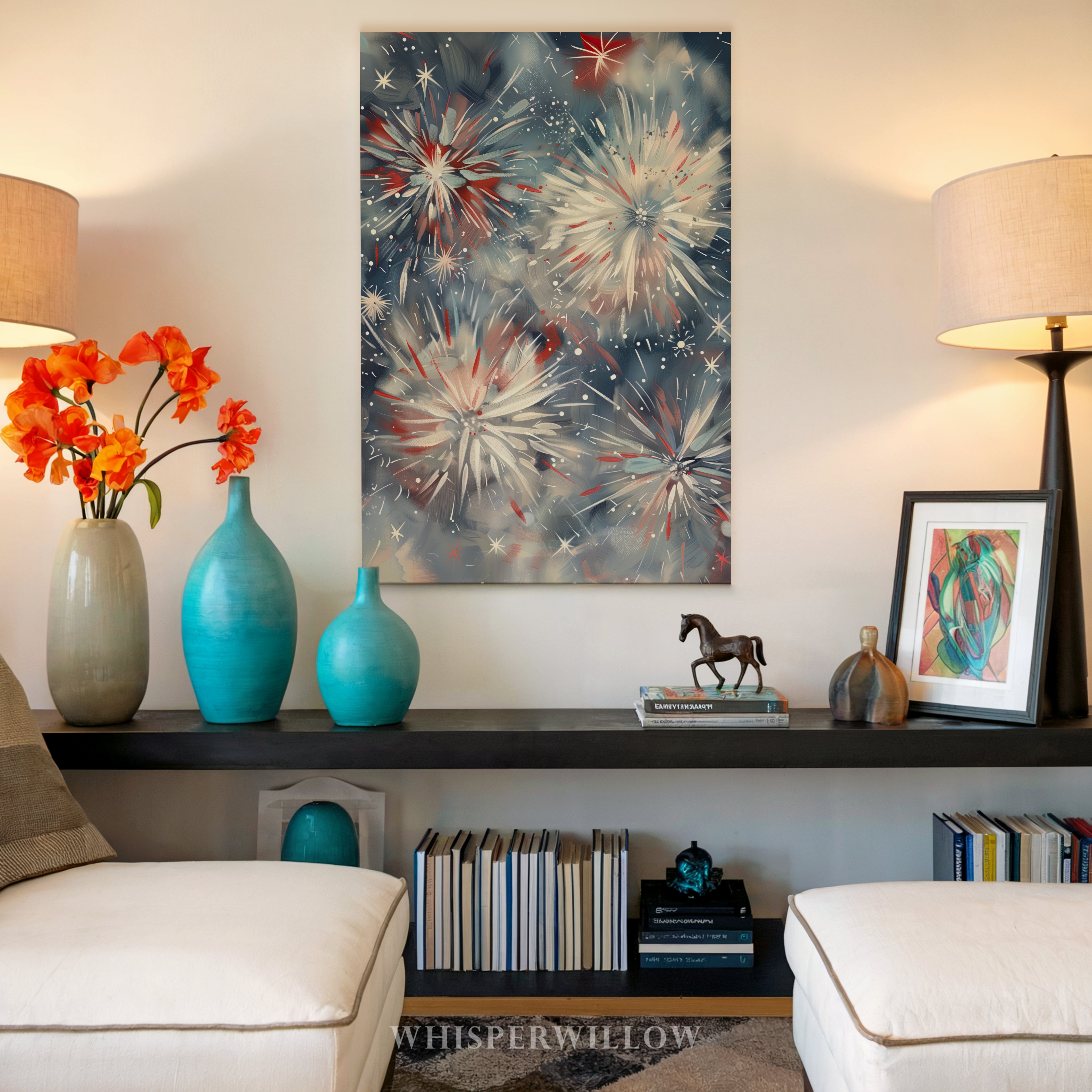 Leinwandbild mit Feuerwerk zum 4. Juli | Feierlichkeiten zum Unabhängigkeitstag | Patriotische Dekoration in Rot, Weiß und Blau