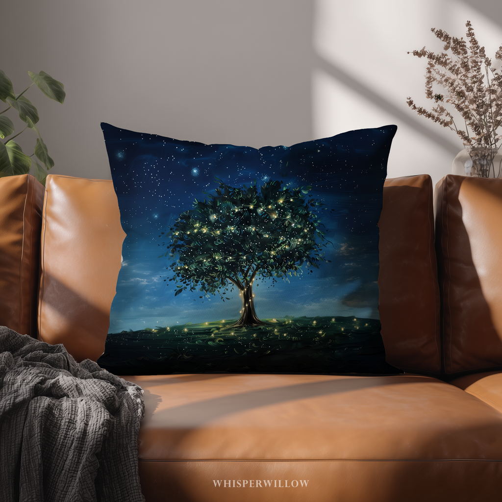 Dekokissen „Leuchtender Glühwürmchenbaum“ – Magischer Nachthimmel mit Sternenlichtern