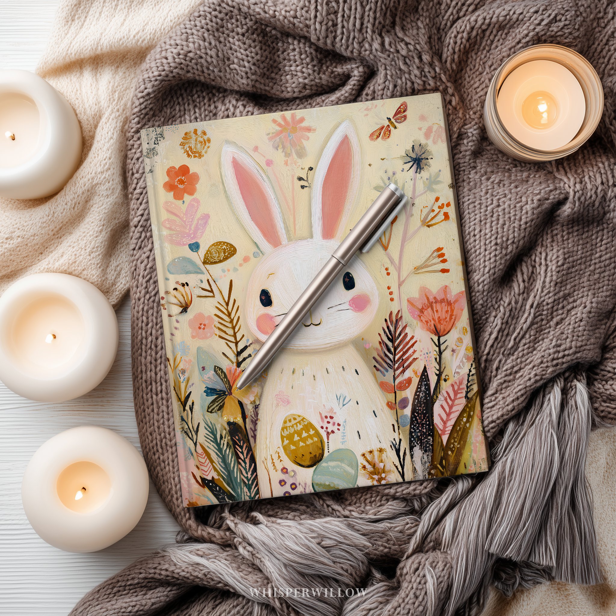 Whimsical Easter Bunny Hardcover Journal, Floral Meadow Spring Eggs Design, Cute Pastel Stationery Gift, 8x5.75 Lined Pages Gift