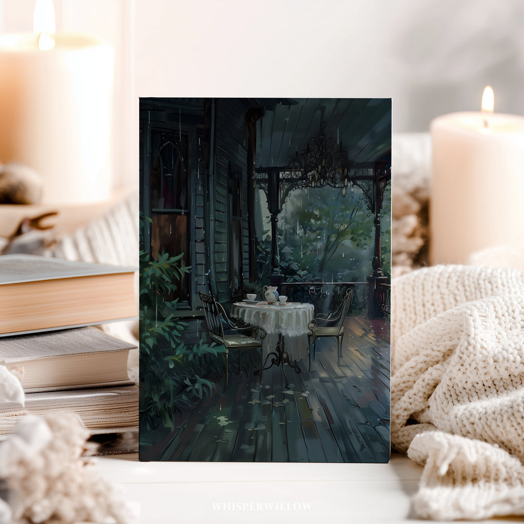 Notizbuch „Regenreiche viktorianische Veranda“ – Gotische Veranda-Teeszene, Geschenkidee für viktorianische Haushalte