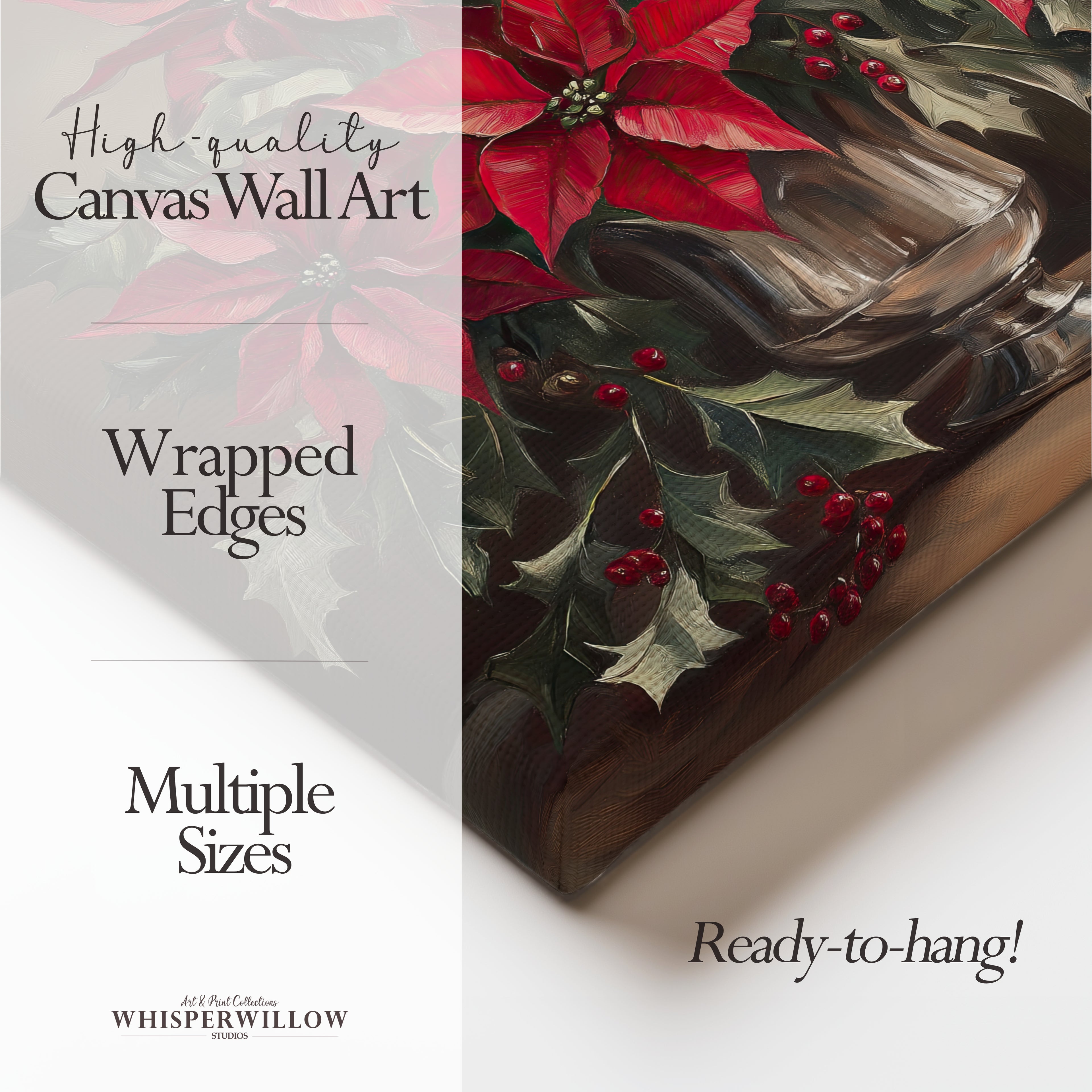 Weihnachtliches Leinwandbild | Roter Weihnachtsstern in silberner Vase | Botanische Winterdeko – Geschenkidee für Zuhause