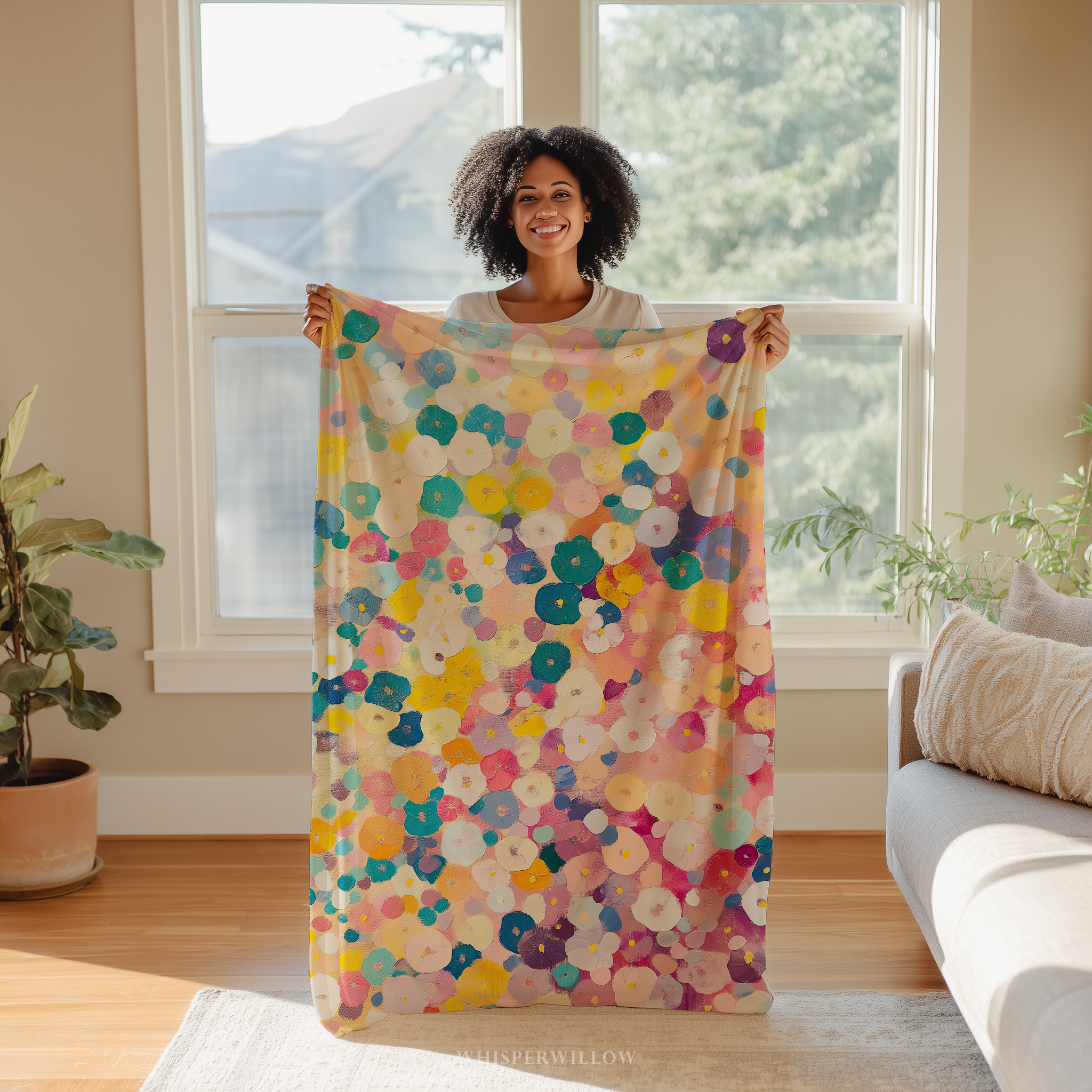 Cute African American Black Woman Holding a Colorful Floral Abstract Throw Blanket - Pastel Spring Flowers by WhisperWillow Studios Home Decor Gift
