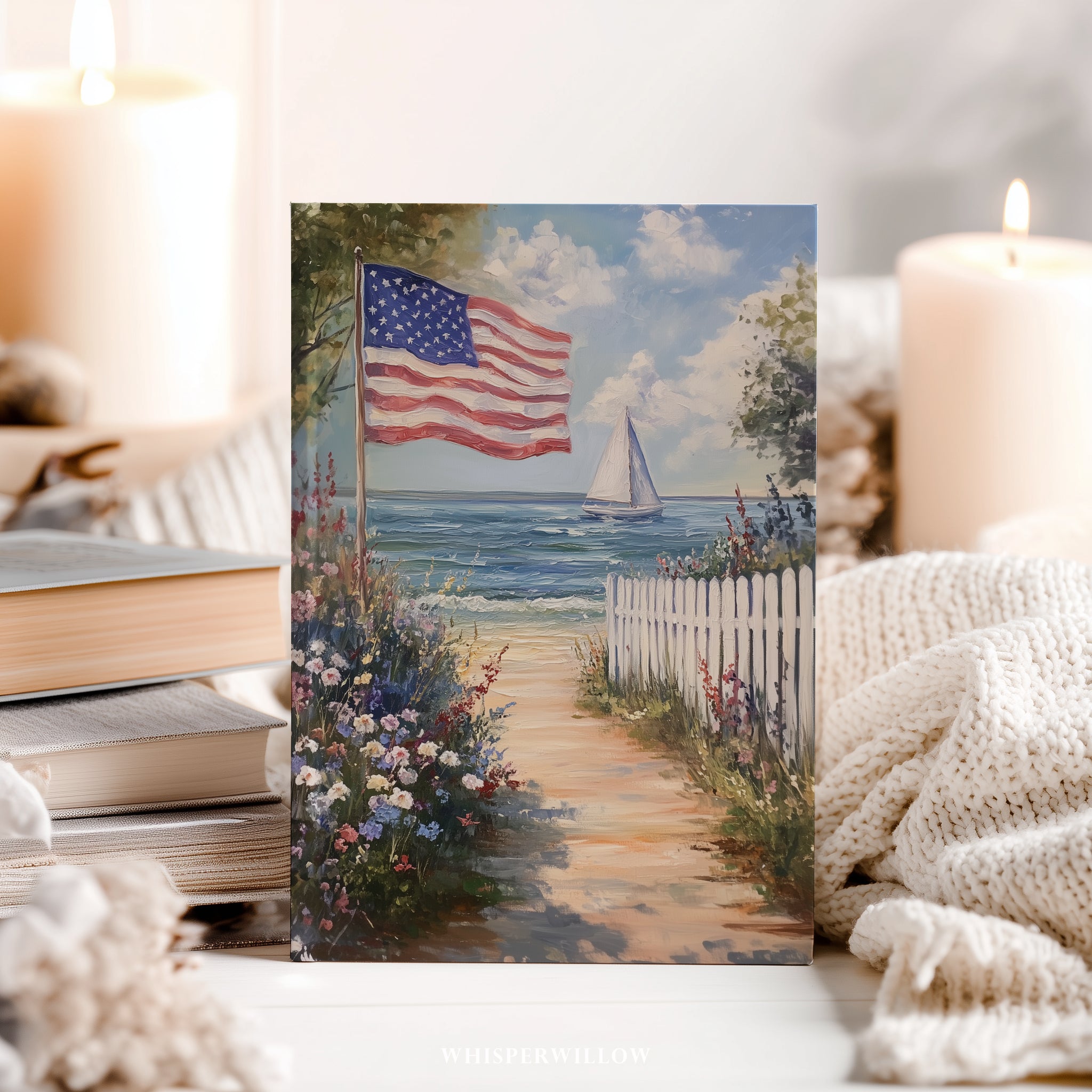 Notizbuch mit amerikanischer Flagge und Küstenmotiv – Patriotisches Geschenkidee: Segelboot am Meer, Strandgarten