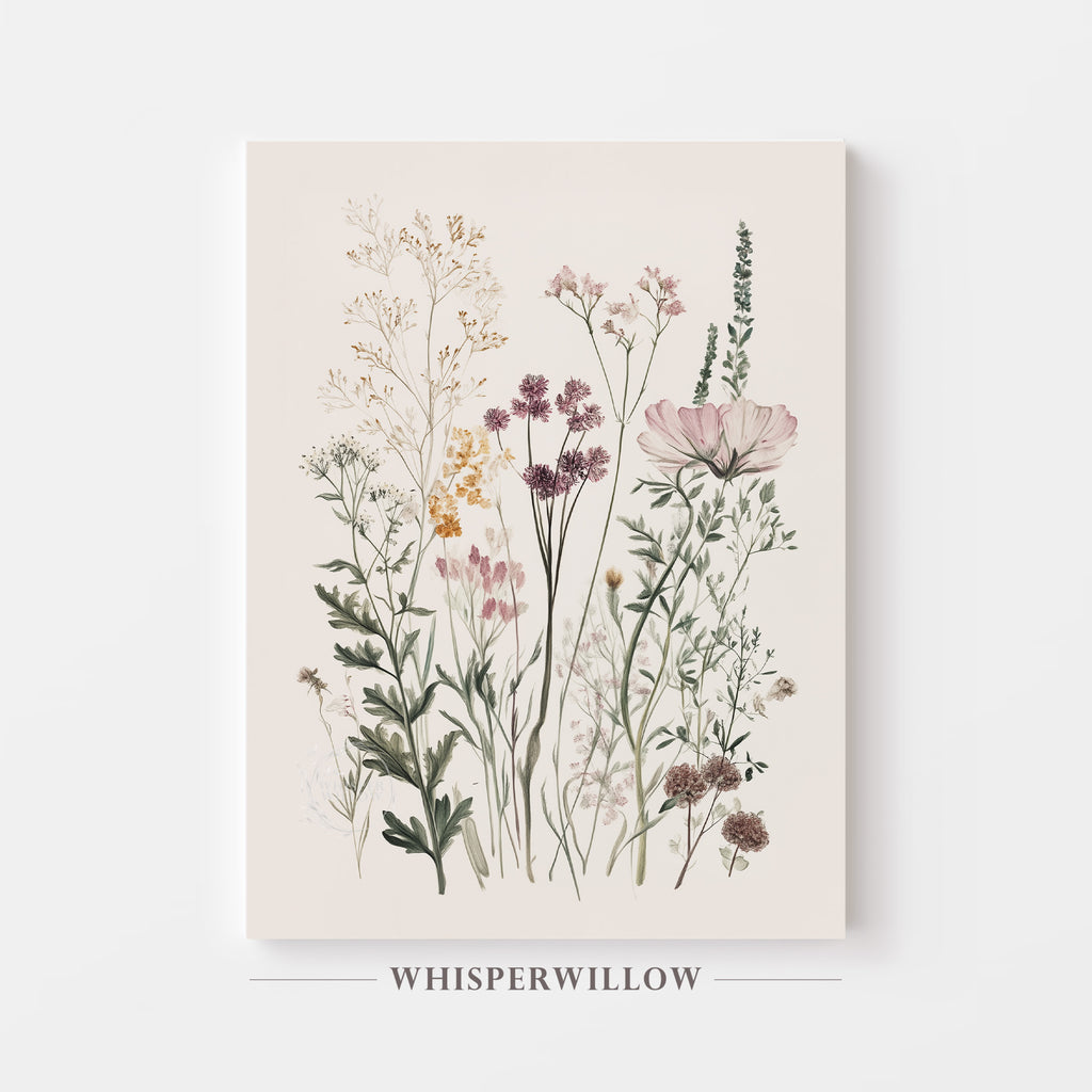 Wildflower Meadow Canvas Wall Art | Neutral Botanical Floral Illustration | Cottagecore Vintage Nature Decor | Minimalist Bedroom Artwork Home Decor by WhisperWillow Studios