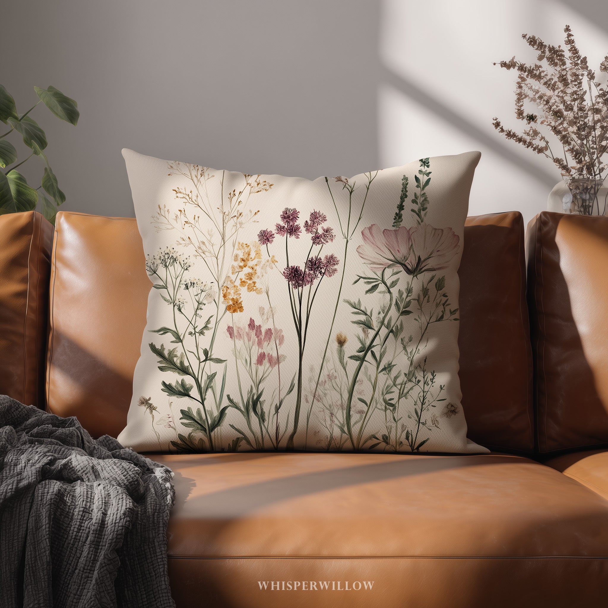 Wildflower Botanical Throw Pillow | Vintage Meadow Flowers Cottagecore Garden Floral Neutral Nature Decor Cushion Square Gift