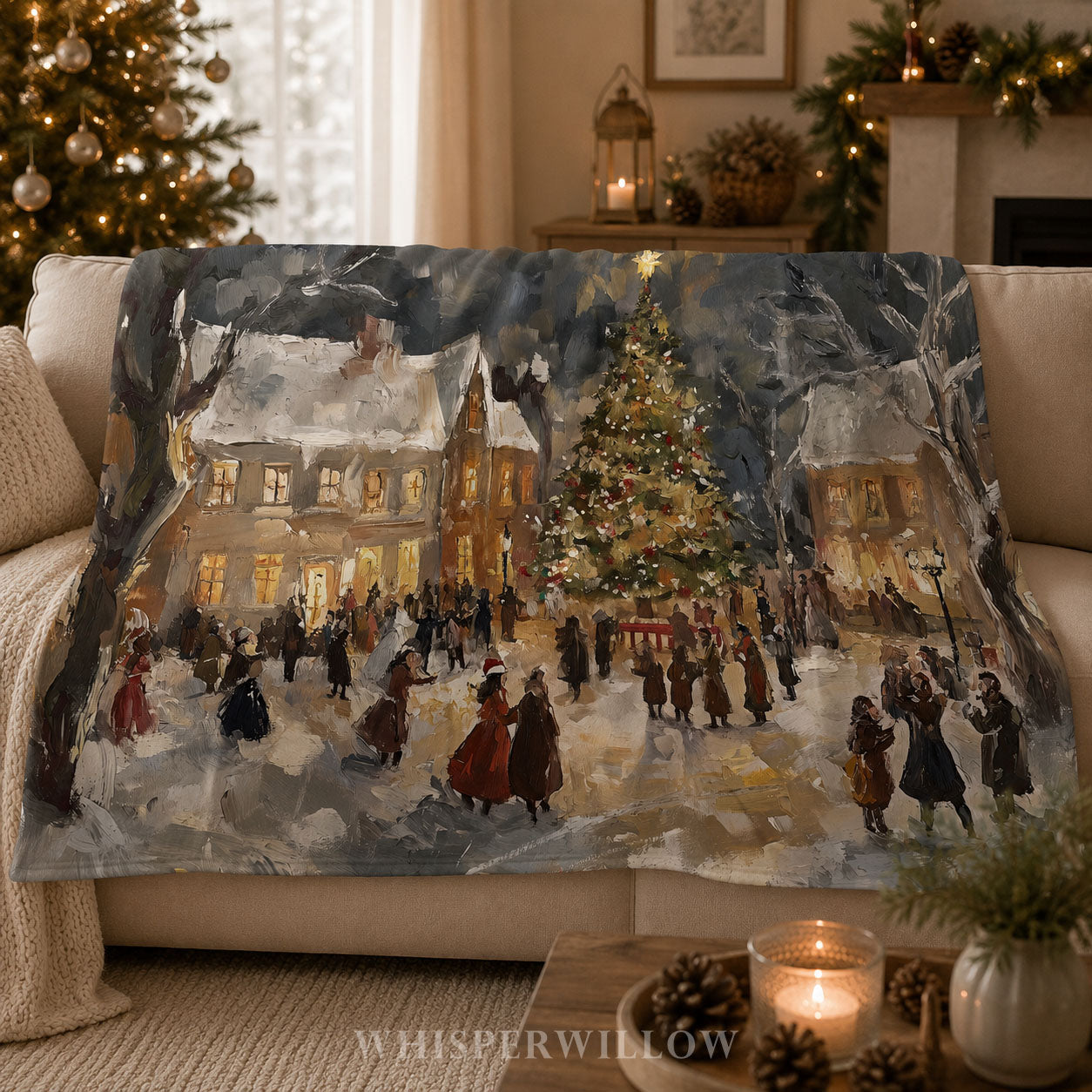 Vintage Christmas Eve Village Throw Blanket - Snowy Tree Town Square Gift by WhisperWillow Studios