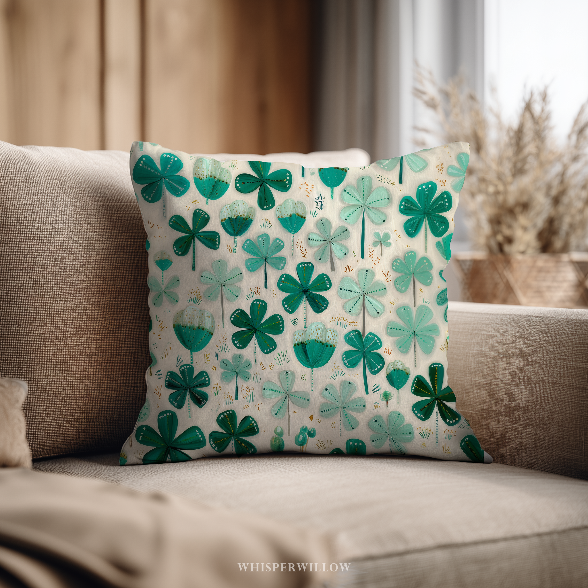 St Patrick Shamrock Throw Pillow and Case - Green Clover Cushion Irish Holiday Decor Gift