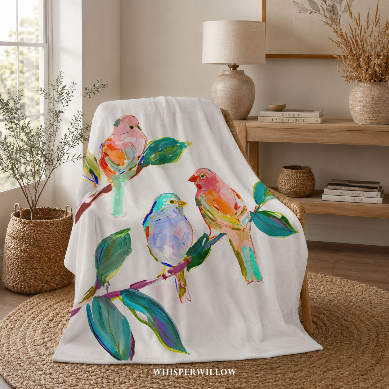 Colorful Songbird Plush Throw Blanket | Botanical Nature Decor | Cottagecore Bedding | Bird Lover Gift | Floral Home Accent