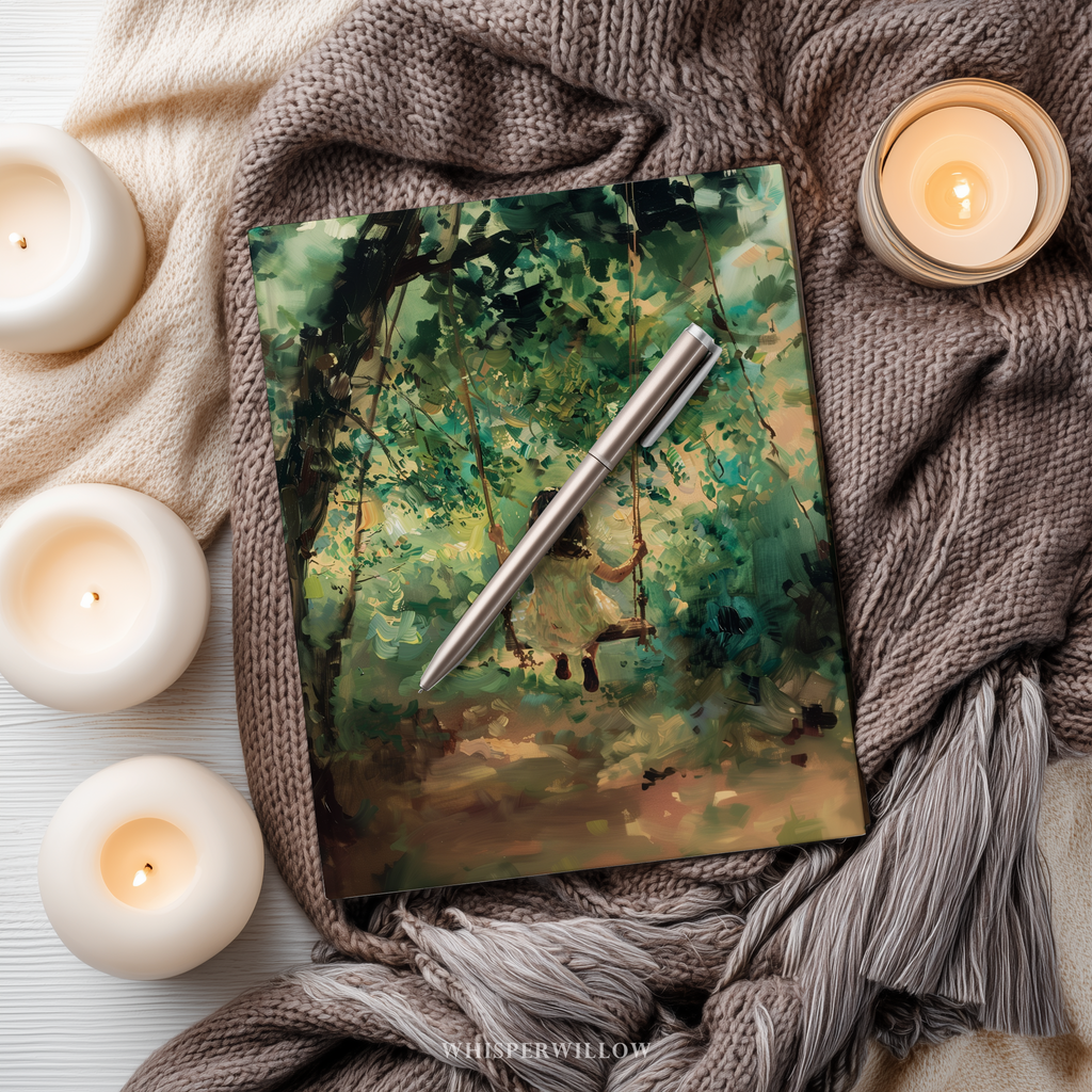 Whimsical Forest Swing Hardcover Journal - Girl Sunlit Woodland Nature Writer Notebook Gift