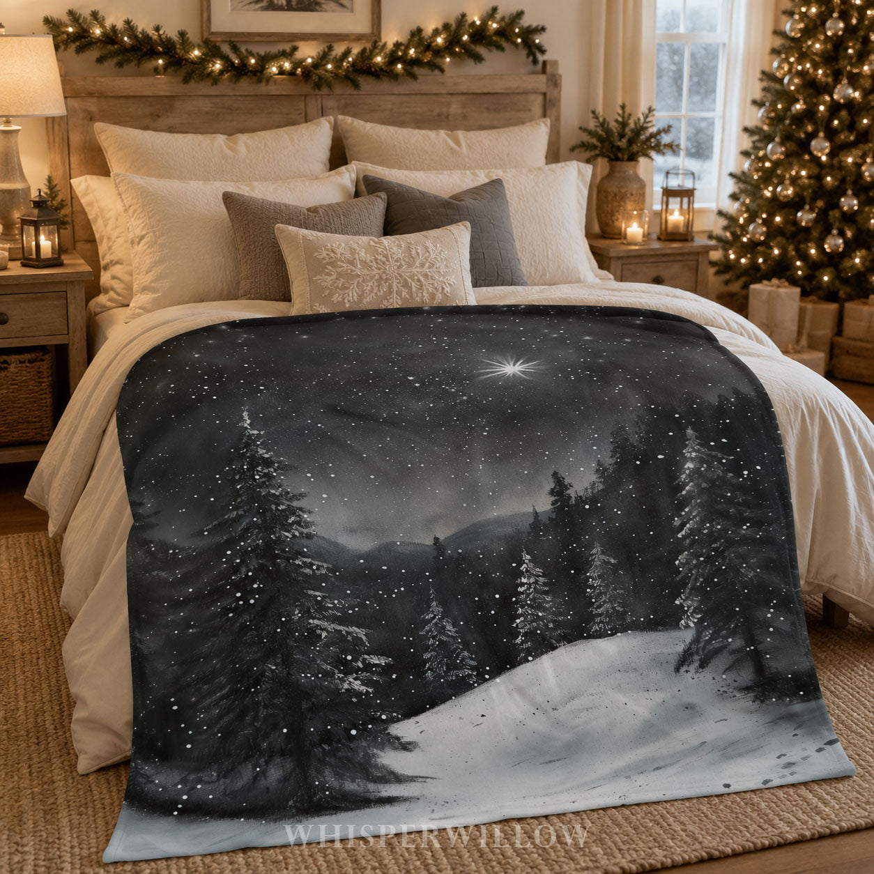 Snowy Winter Forest Throw Blanket - Night Christmas Eve Gift, Star of Bethlehem