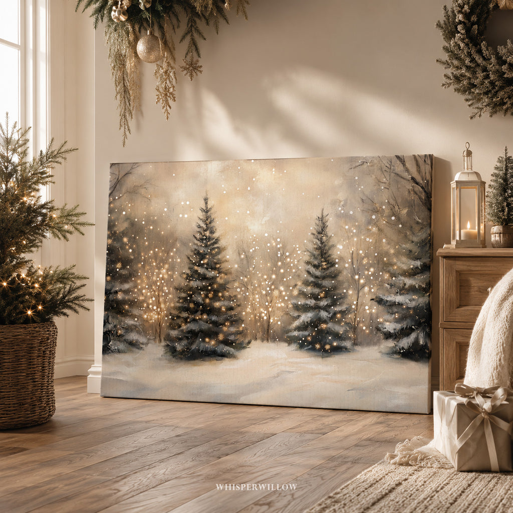 Tableau sur toile « Sapin de Noël illuminé » - Forêt hivernale enneigée et féerique