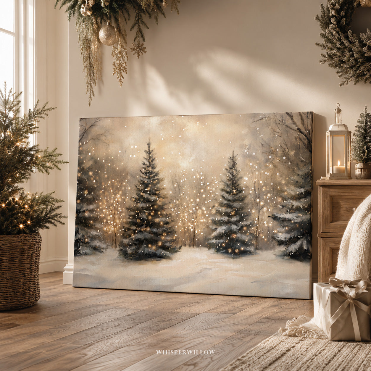 Tableau sur toile « Sapin de Noël illuminé » - Forêt hivernale enneigée et féerique