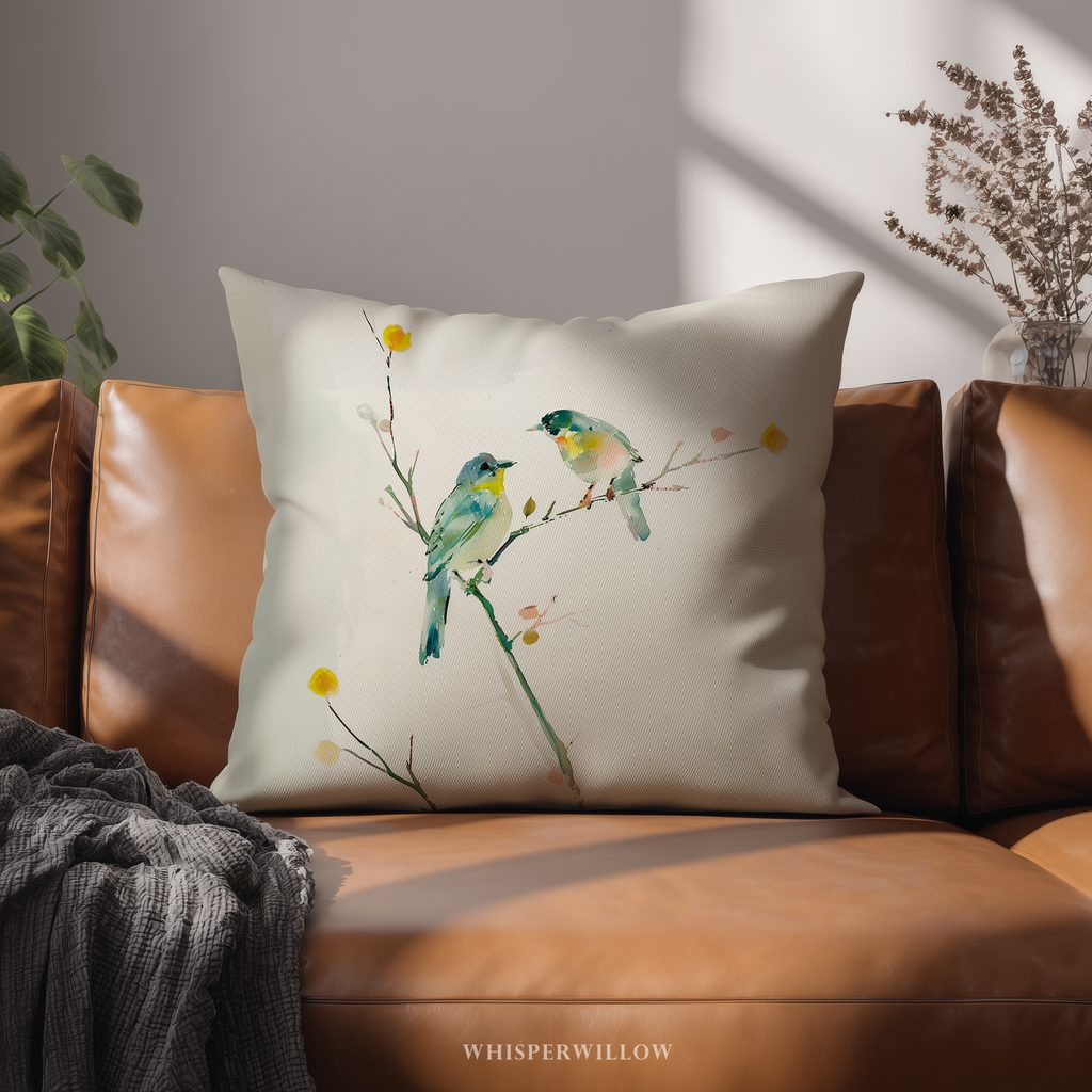 Watercolor Bird Throw Pillow and Case - Blue Yellow Spring Branch Accent Cushion Nature Decor Gift