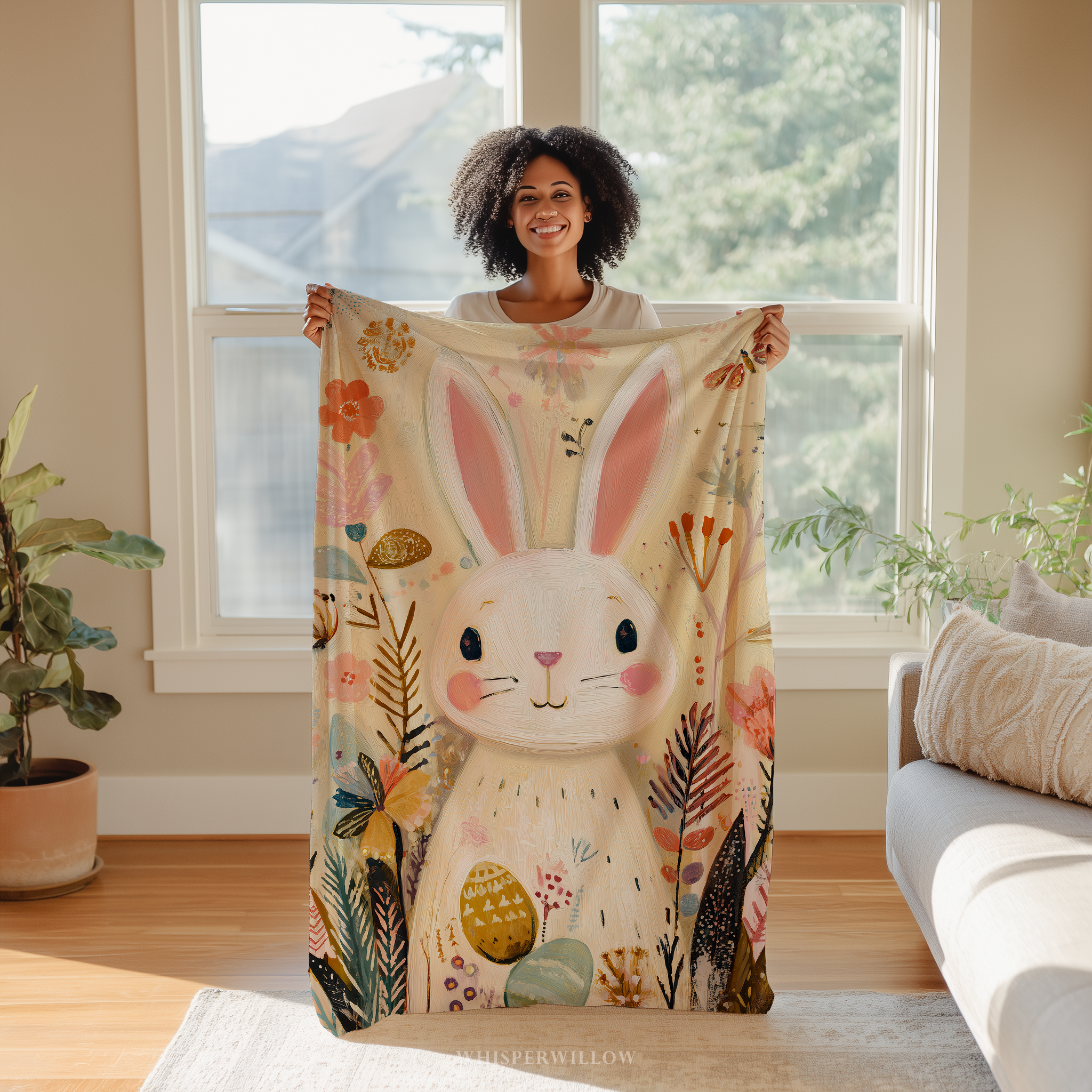 Whimsical Easter Bunny Throw Blanket, Spring Pastel Floral Design, Cute Rabbit Cottagecore Nursery, Cozy Plush Gift for Kids by WhisperWillow Studios Home Decor Gift