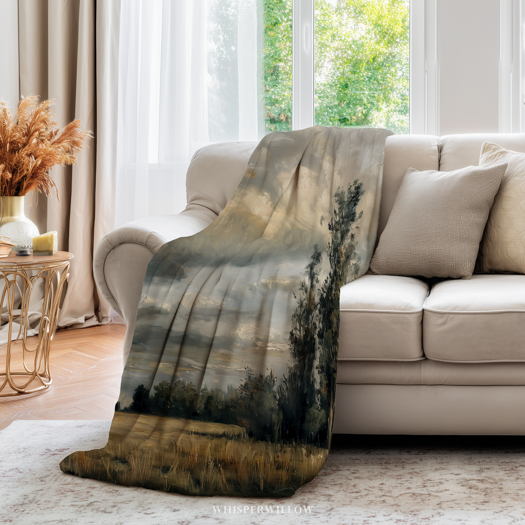 Moody Landscape Throw Blanket - Stormy Sky Meadow Tall Tree Gift