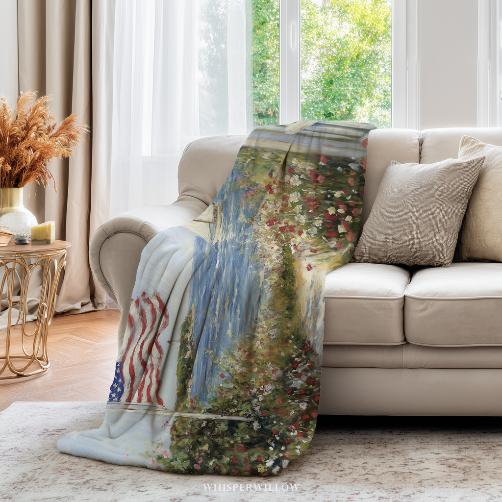 American Flag Coastal Throw Blanket - Sailboat Lighthouse Wildflower Gift