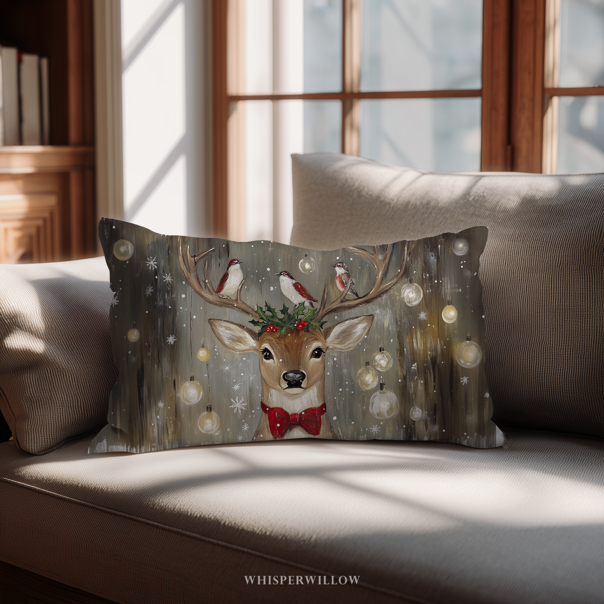 Coussin décoratif de Noël avec motif de rennes et d'oiseaux et de houx