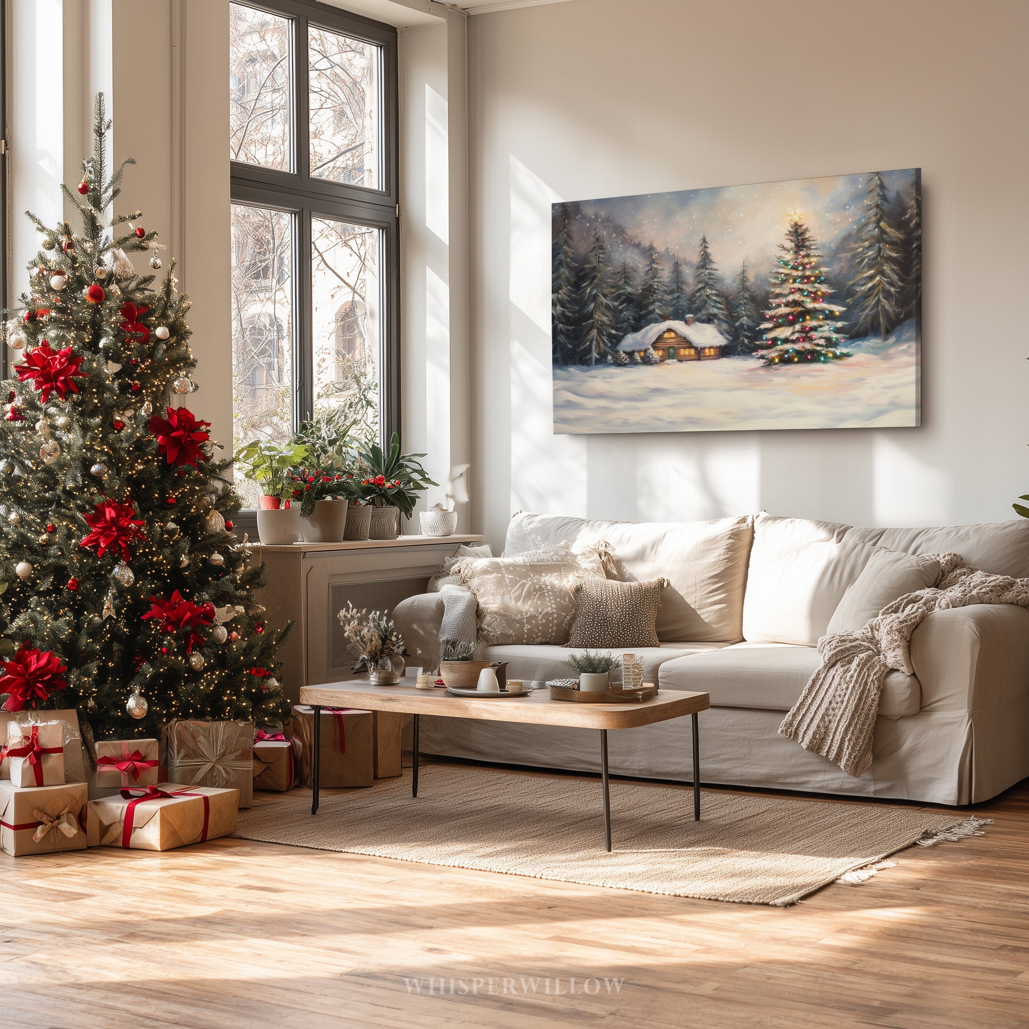 Winterliches Leinwandbild | Gemütliche Hütte mit verschneitem Wald und Weihnachtsbaum | Rustikale Dekoration für die Feiertage – das perfekte Geschenk