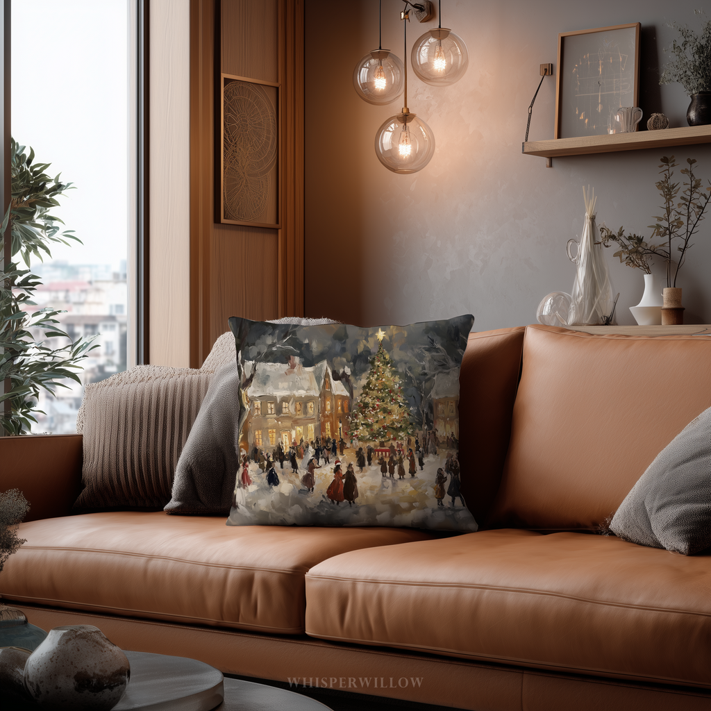 Coussin décoratif vintage village de Noël | Décoration hivernale chaleureuse | Coussin cadeau de saison